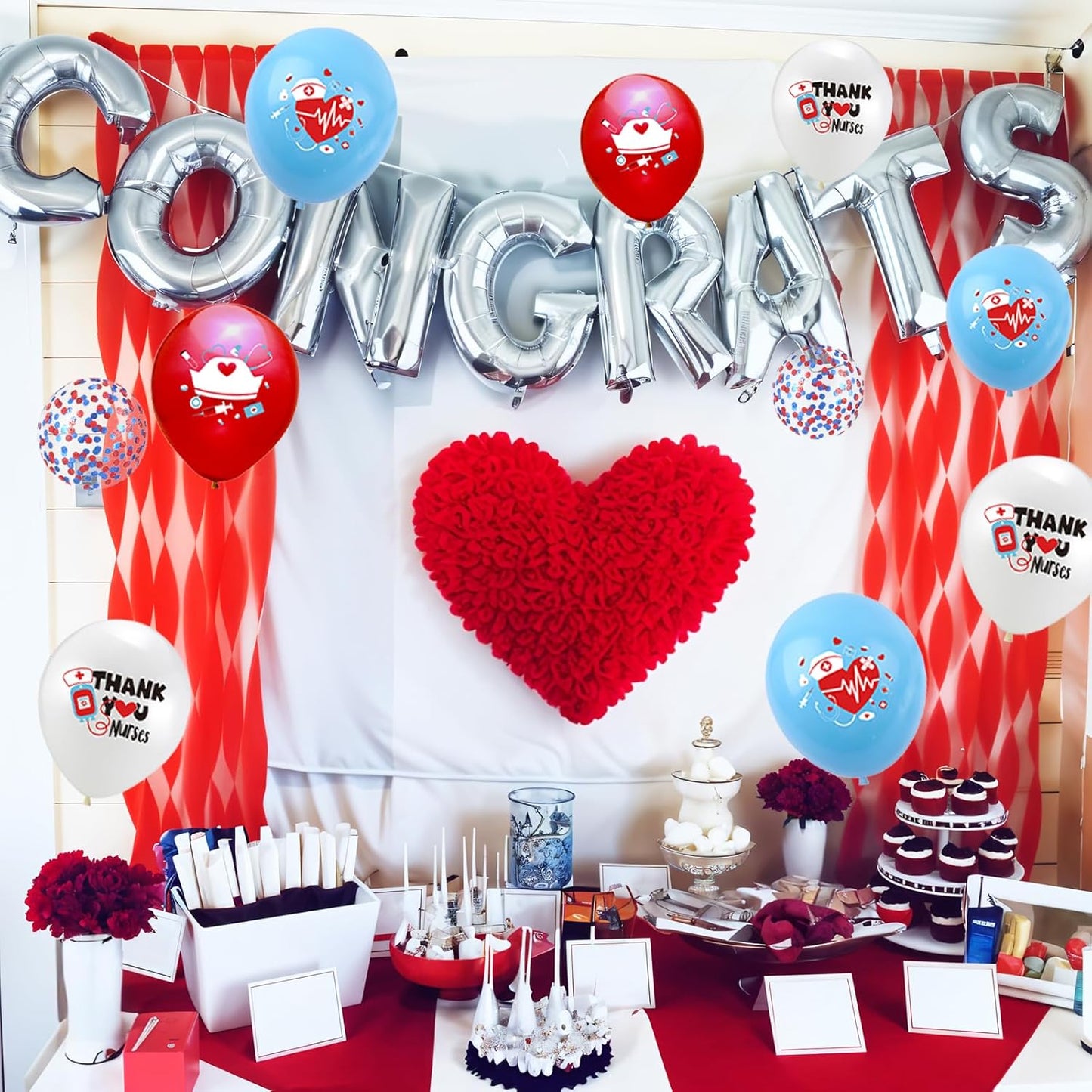 Medical Balloons, 12 Inch Blue White Red Balloons with Medical Icons for Graduation Party Nursing School Celebrations Appreciation Events Blue White Themed Decorations