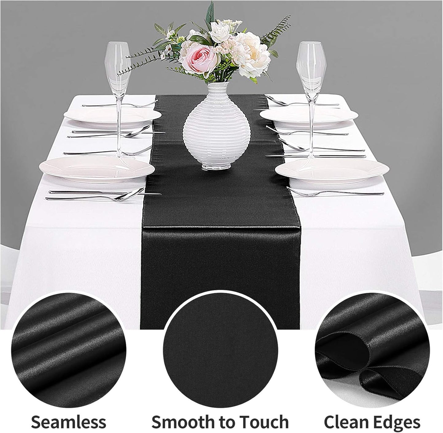 5-Pack Satin Table Runner Black 12 x 108 inches Long, Table Runners for Wedding, Birthday Parties, Banquets Decorations（5 Pack, 12x108 Inch, Black）