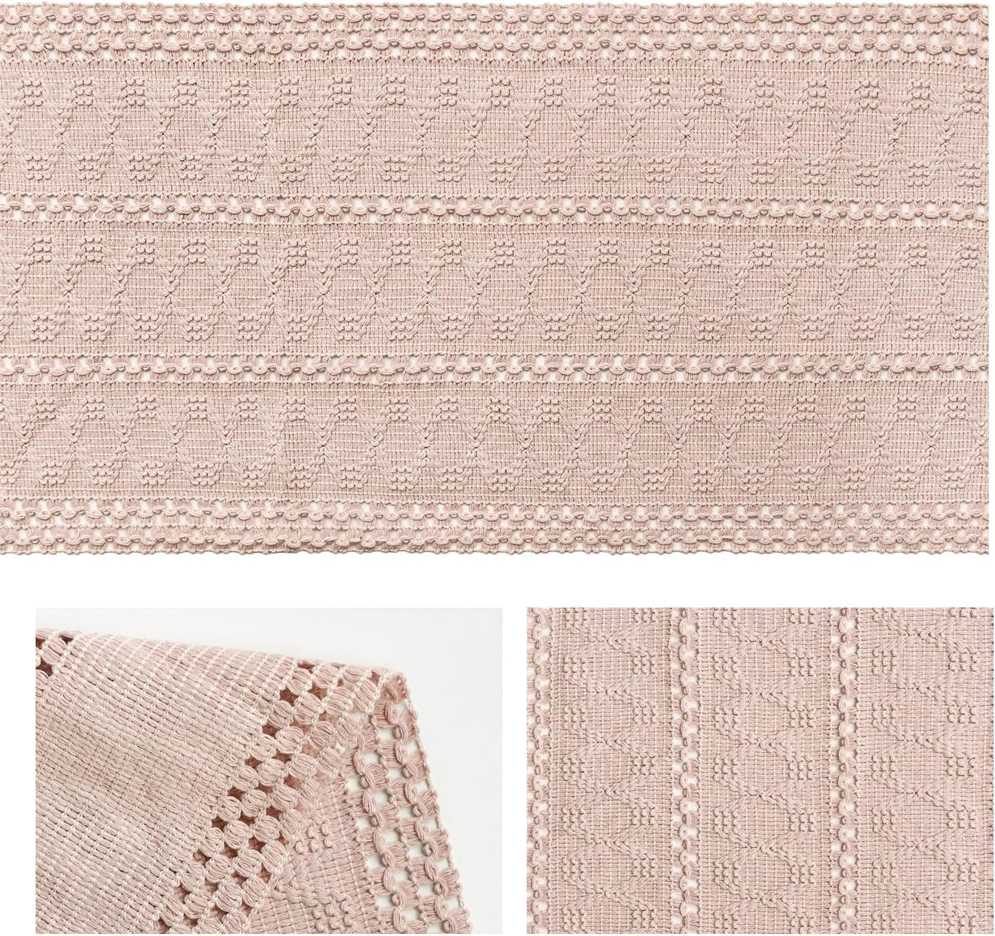 Artoid Mode Pink Farmhouse Woven Rustic Hollow Table Runner, Seasonal Holiday Hollow Kitchen Dining Table Decoration for Home Party Decor 12x72 Inch