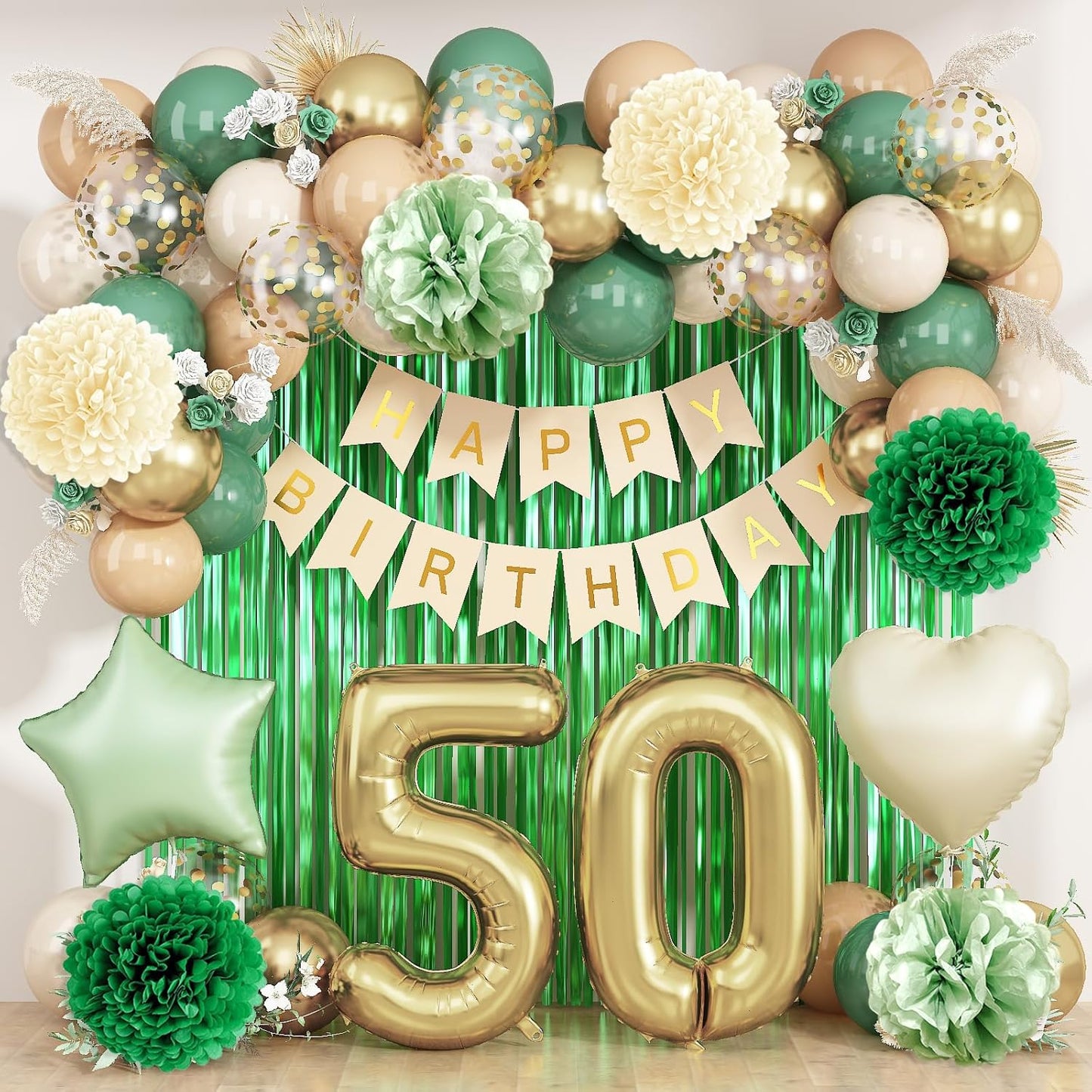 Sage Green 50th Birthday Decorations for Men Gold Number 50 Balloon Nude Gold Happy Birthday Banner Fringe Curtain Paper Pom Poms Olive Green Cream White Sand Star Foil Balloons Party Decor