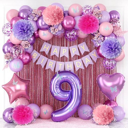 Pink Purple 9th Birthday Party Decorations for Girls Number 9 Balloon Happy Birthday Banner Butterfly Stickers Fringe Curtain Paper Pom Poms Metallic Hot Pink Star Foil Balloons 9 Year Old Princess