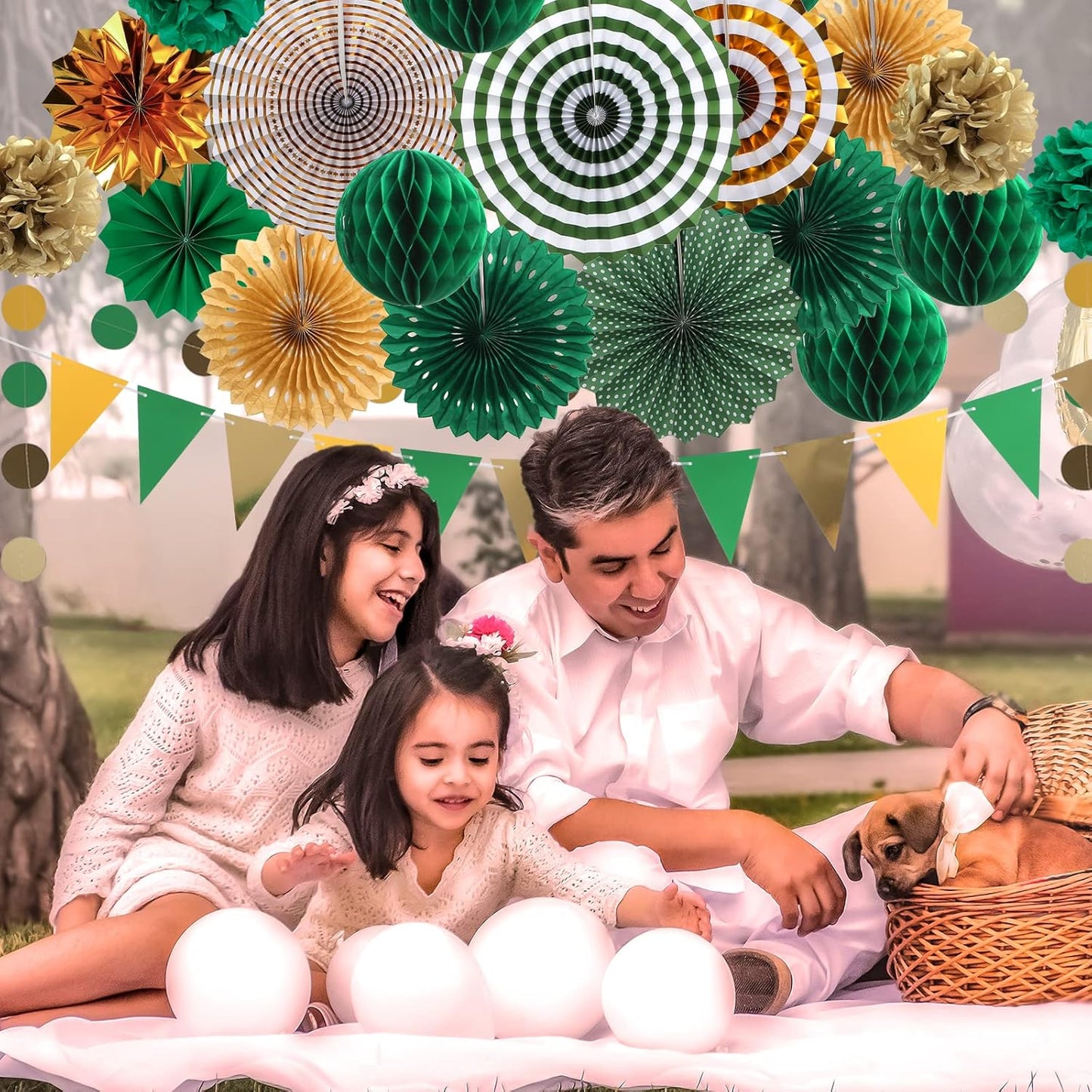 Green and Gold Party Decorations, 23Pcs Hanging Paper Fans, Pom Poms Flowers, Garland String Polka Dot and Triangle Bunting Flag Packs for Girl Birthday Bridal Shower Baby Showers