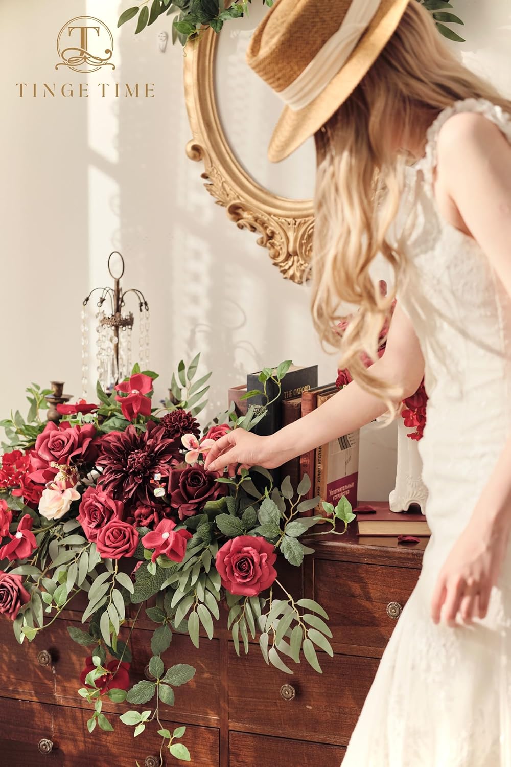 TINGE TIME Artificial Sweetheart Flower Swag with Tablecloth and Table Runner, Pack of 3 Floral Arrangement for Wedding Sweetheart Table Centerpiece Decoration (Burgundy Red)