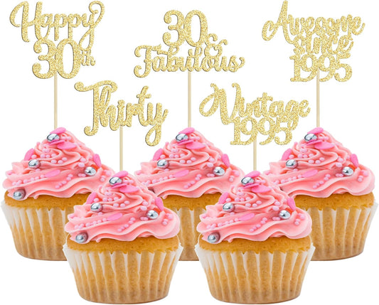30Pcs Vintage 1995 Cupcake Toppers Glitter Thirty Happy 30th Birthday 30 Fabulous Cupcake Picks Cheers to 30 Years for 30th Birthday Wedding Anniversary Party Cake Decorations Supplies Gold