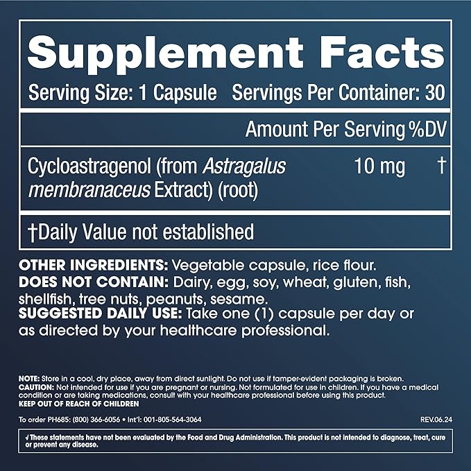 Cycloastragenol Supplement, 10 mg per Serving | Science-Backed to Support Telomere Length, DNA Structure & Healthy Aging | Third-Party Tested for Purity & Quality