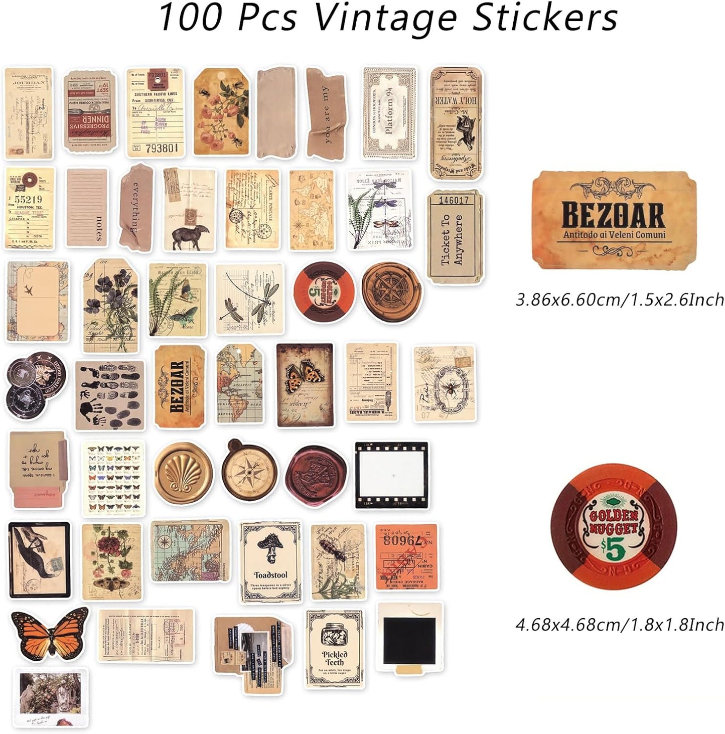 100 Pcs Vintage Stickers, Aesthetic Waterproof Decals for Water Bottle Laptop Computer Skateboard Bumper, Vsco Butterfly Vinyl Stickers for Kids Teens Girls