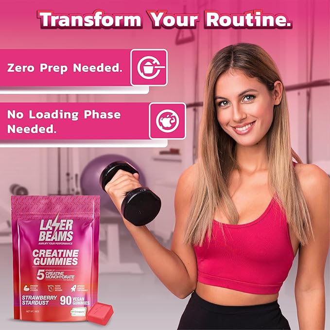 Creatine Monohydrate Gummies - 5g Creapure Creatine per Serving - Vegan - Boost Muscle Strength, Endurance, Recovery & Mental Focus - 90 Gummies, Gluten-Free (Strawberry)