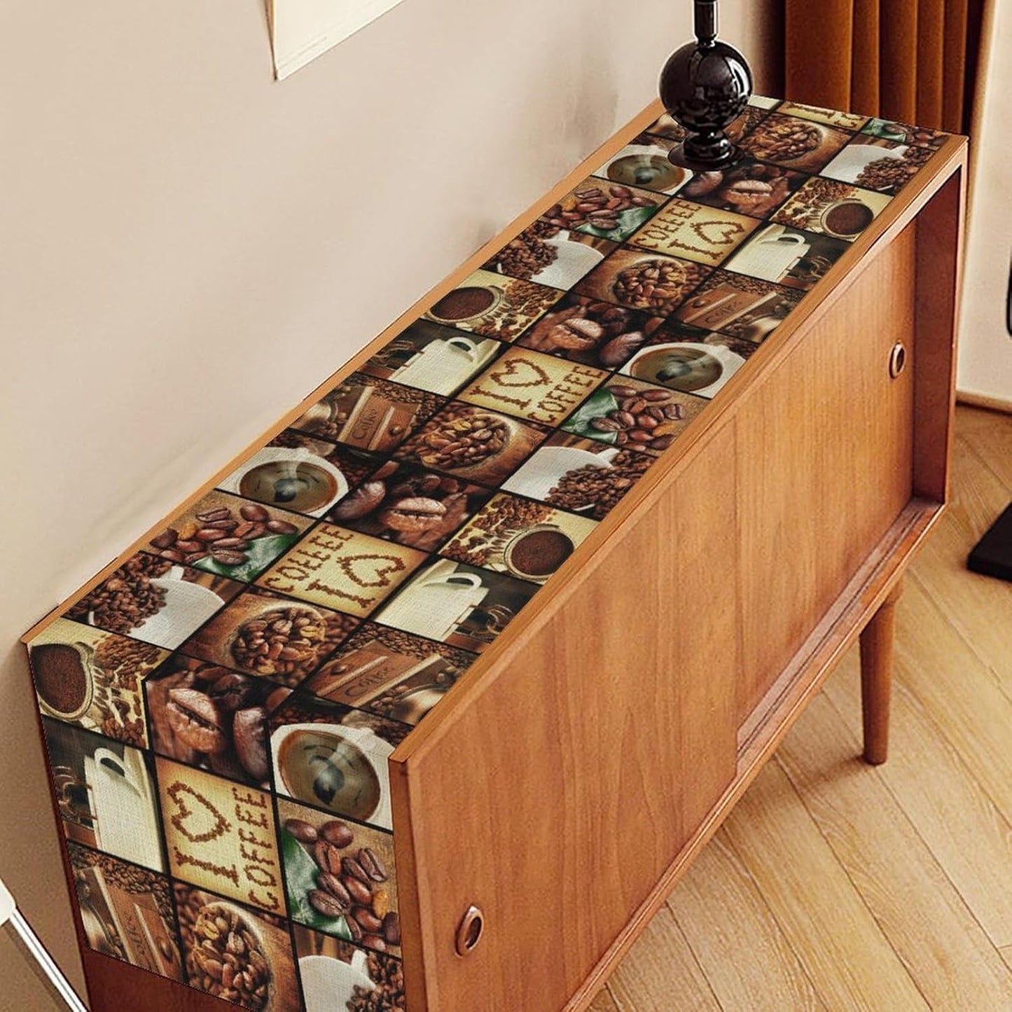 Coffee Theme Table Runner, Retro Farmhouse Coffee Cup Latte Cappuccino Tea Party Cafe Table Center Decor for Home Kitchen Dining Patio Holiday Party Indoor Outdoor Table Decorations,13"x72" Inch