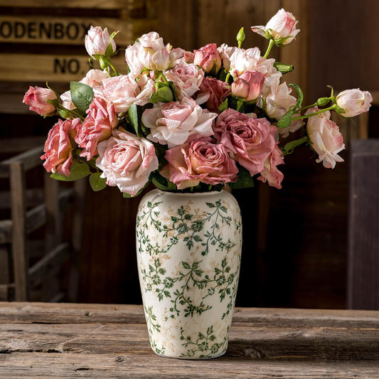 Vintage Pastoral Green and Beige Flower Vase, Ceramic Floral Vases, Retro Ice Cracked Chinoiserie Vase for Home Cottage Core Decor, Bookshelf, Office, Mantel, Wedding Rustic Table Centerpiece 8.5 Inch