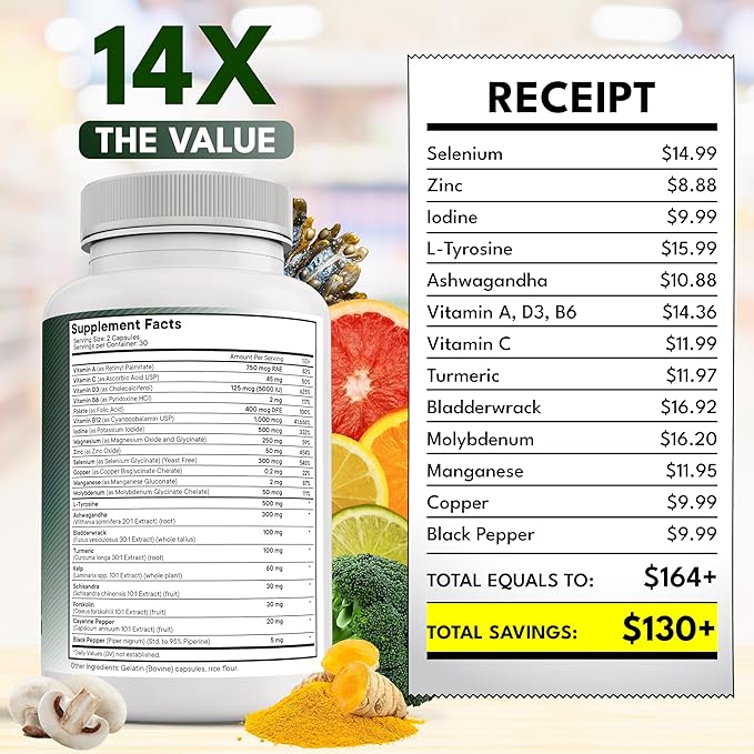 NEW AGE Selenium, Zinc, Iodine, L Tyrosine, Ashwagandha - Supplement for Women and Men with Bladderwrack, Turmeric, Silica Kelp, Schisandra - 120 Count