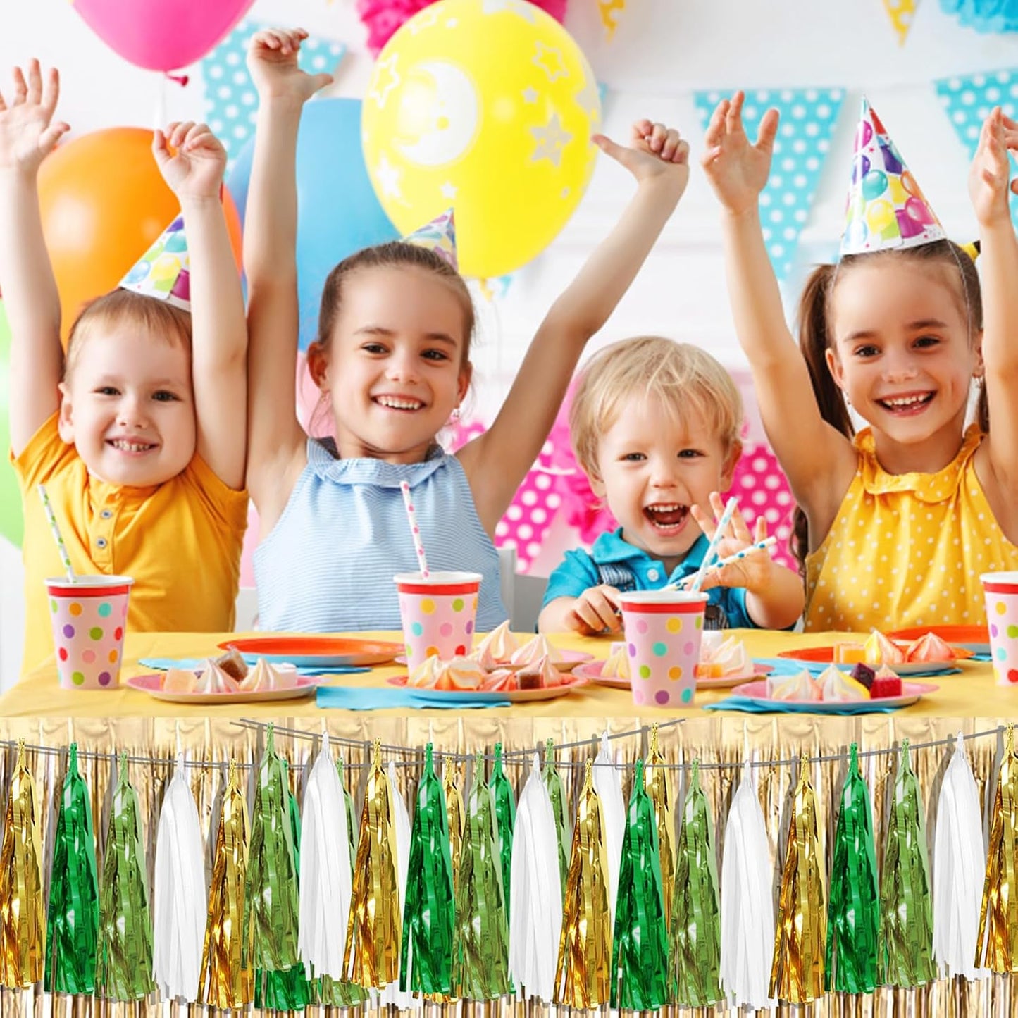 8P Sage-Green Beige-Mint Gold Foil Fringe Metallic Tassel Garland Banner, Tassels Banner Streamers for Parade Floats, Bachelorette, Wedding, Birthday, Christmas, Bridal/Baby Shower Party Decorations