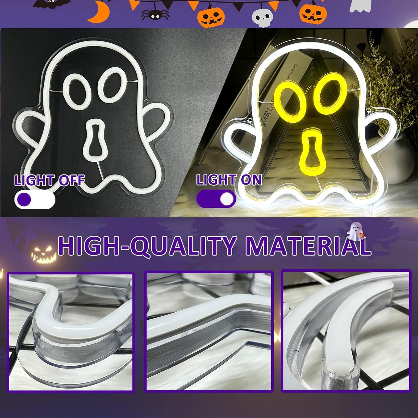 Halloween White Ghost Neon Sign Halloween, USB Halloween Neon LED Light for Wall Decor, White Ghost Halloween Sign Decorations for Home Bar Salon Coffee Stores Porch Front Door