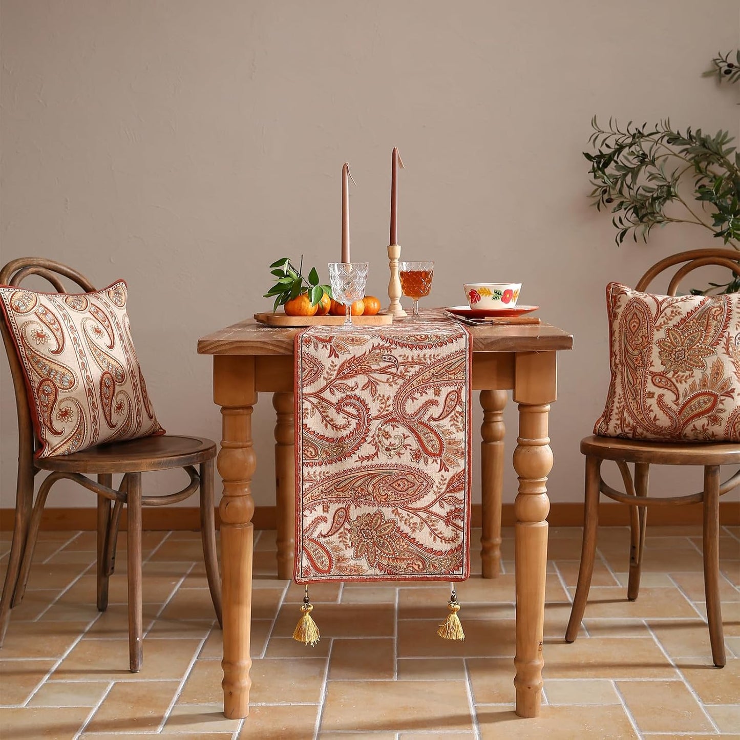 ISAENNE Designer Elegant Red Linen Extra Long Table Runner 118 Inches,Vintage Paisley Pattern Durable Table Runners for Dining Tables,Thanksgiving,Kitchen Tables,Christmas,12"*118"-Chauffrey A