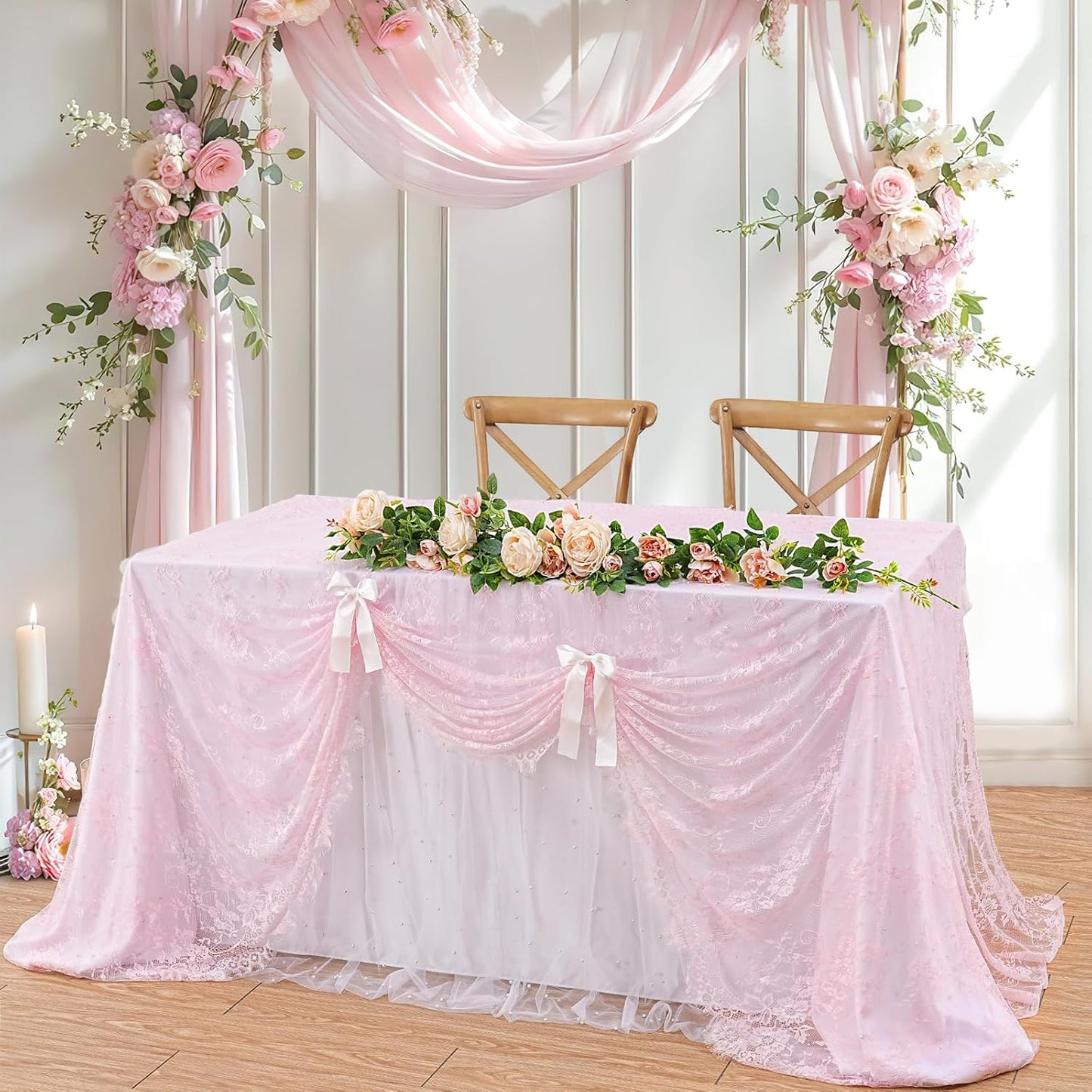 LuoluoHouse Pink Lace Table Cloth 60x120inch Tablecloth for Decorations Wedding Bridal Baby Shower Indoor Outdoor Event
