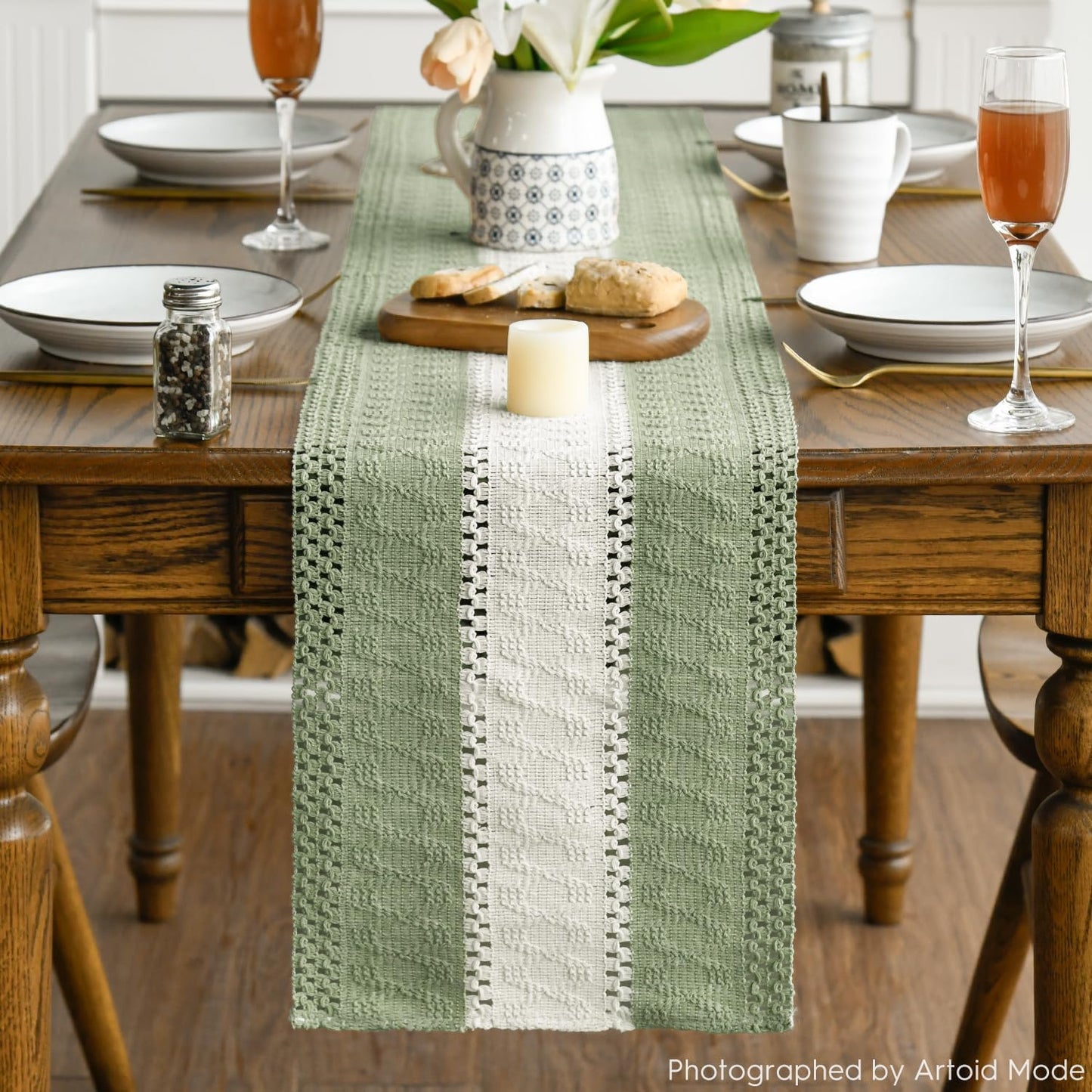 Artoid Mode Light Green Farmhouse Rustic Table Runner, Seasonal Hollow Kitchen Dining Table Decoration for Home Party Decor 12x120 Inch