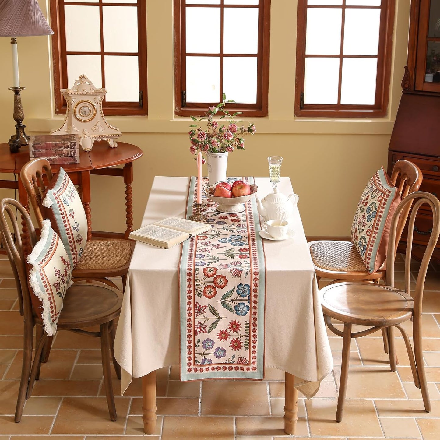 Decorative Linen Small Table Runner 63 Inches Long,Green Floral Rustic Fall Runner for Table Decor Tabletop Table Runners for Kitchen,Dining,Party,Home,Christmas,12"*63"