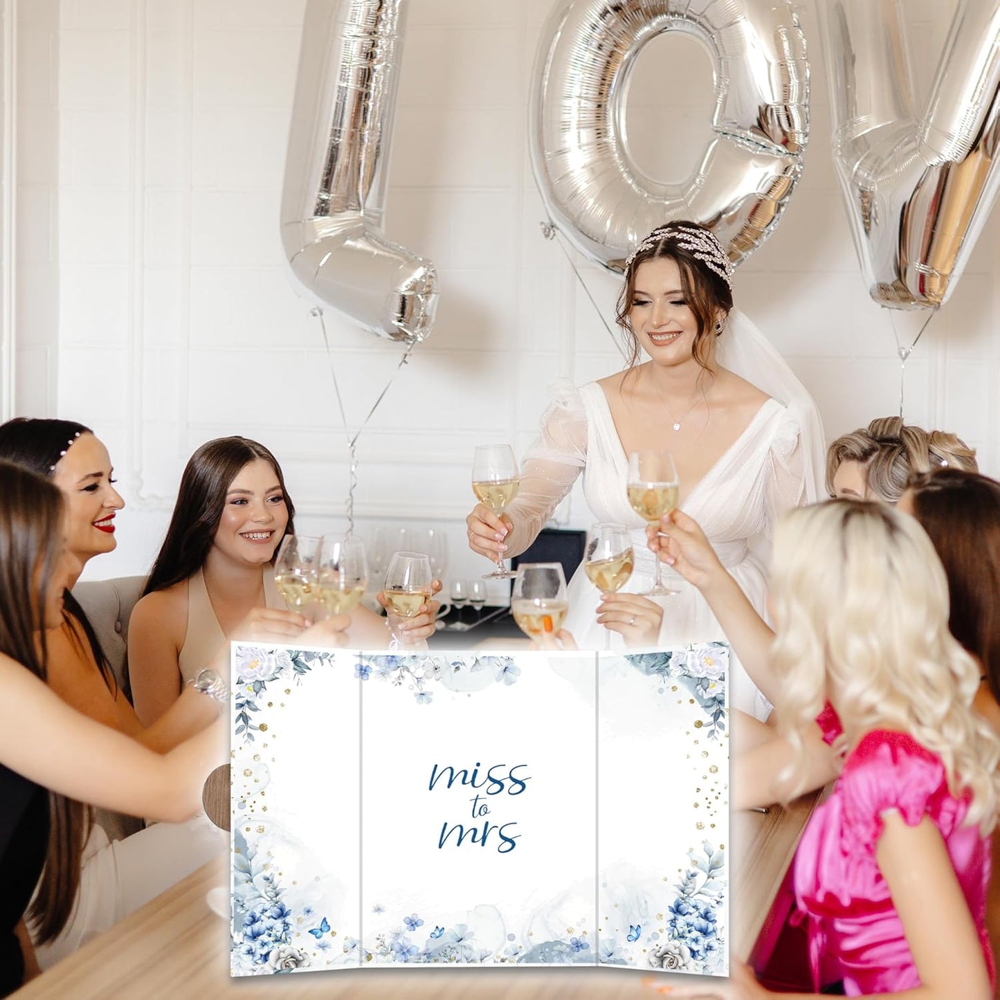 Blue Flowers Bridal Shower Decorations - 18 ''x12'' Bride-to-Be Signature Guest Book Alternative from Miss to Mrs - Signature Book Gifts - Bachelorette Party Wedding Reception Decor & Supplies -A08