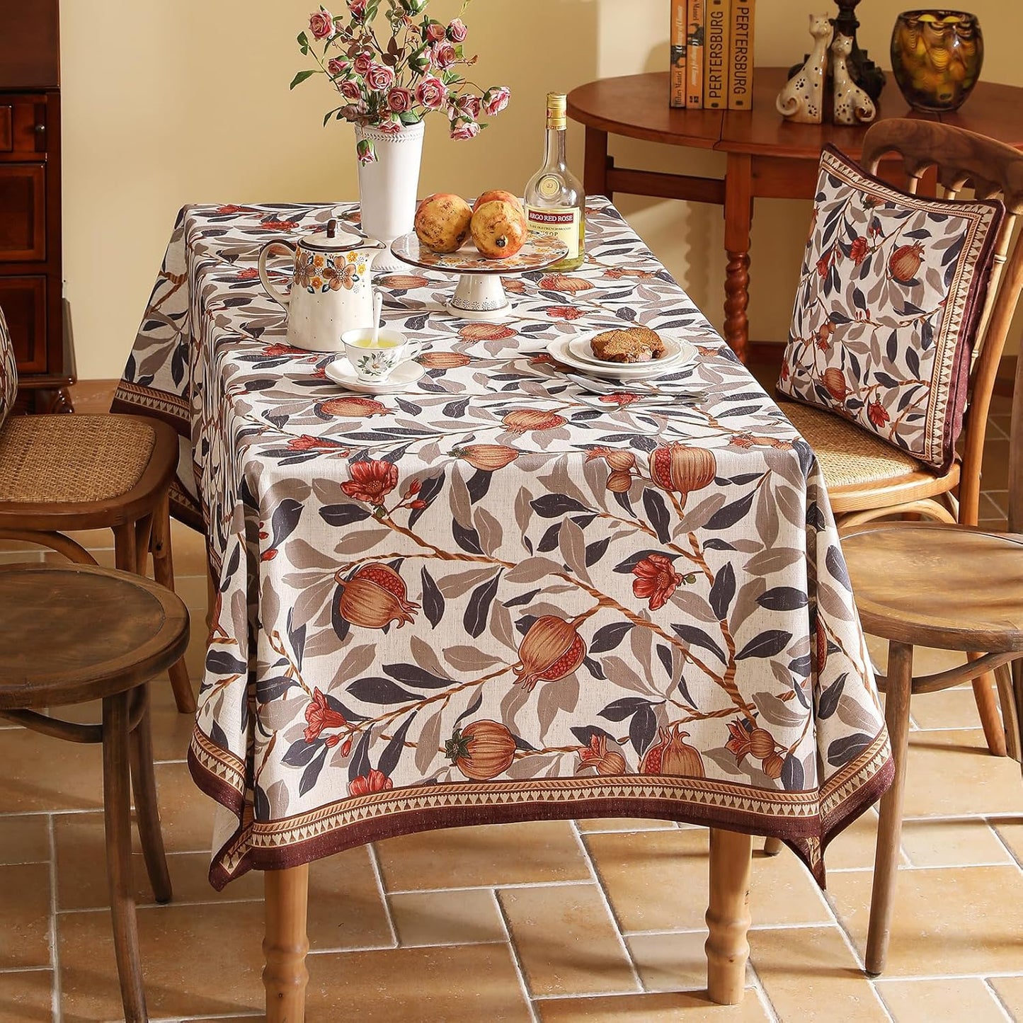 patdrea Designer Linen Extra Long Rectangle Tablecloth,Framhouse Vintage Pomegranates Leaves Pattern Tablecloths,Table Cover Decor for Kitchen Dining Christmas,Thanksgiving,63"x110"-Tehran a