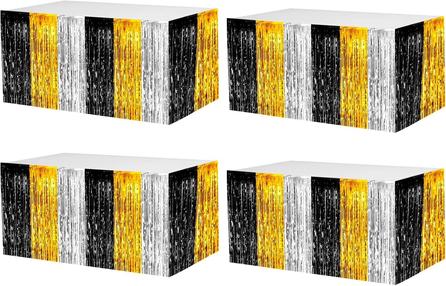 4 Pack 29x108 Inch Metallic Foil Fringe Tinsel Table Skirts for Rectangle Tables Streamer Backdrop for Wedding Birthday, Parade Floats, Christmas, Halloween Party Decoration(Gold Silver Black)