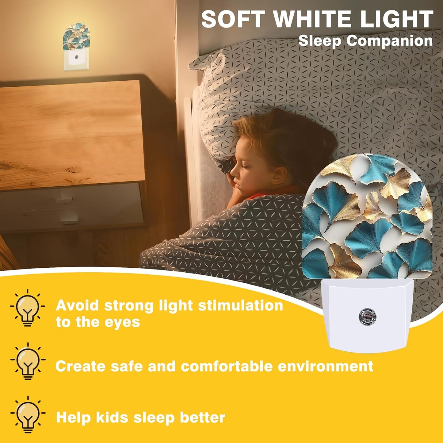 Night Light, Turquoise and Gold Ginkgo Leaves Night Lights Plug into Wall Dusk to Dawn Sensor Round Nightlight for Women Men Energy Efficient Led Lamp 0.5W for Stairway Hallway Bedroom