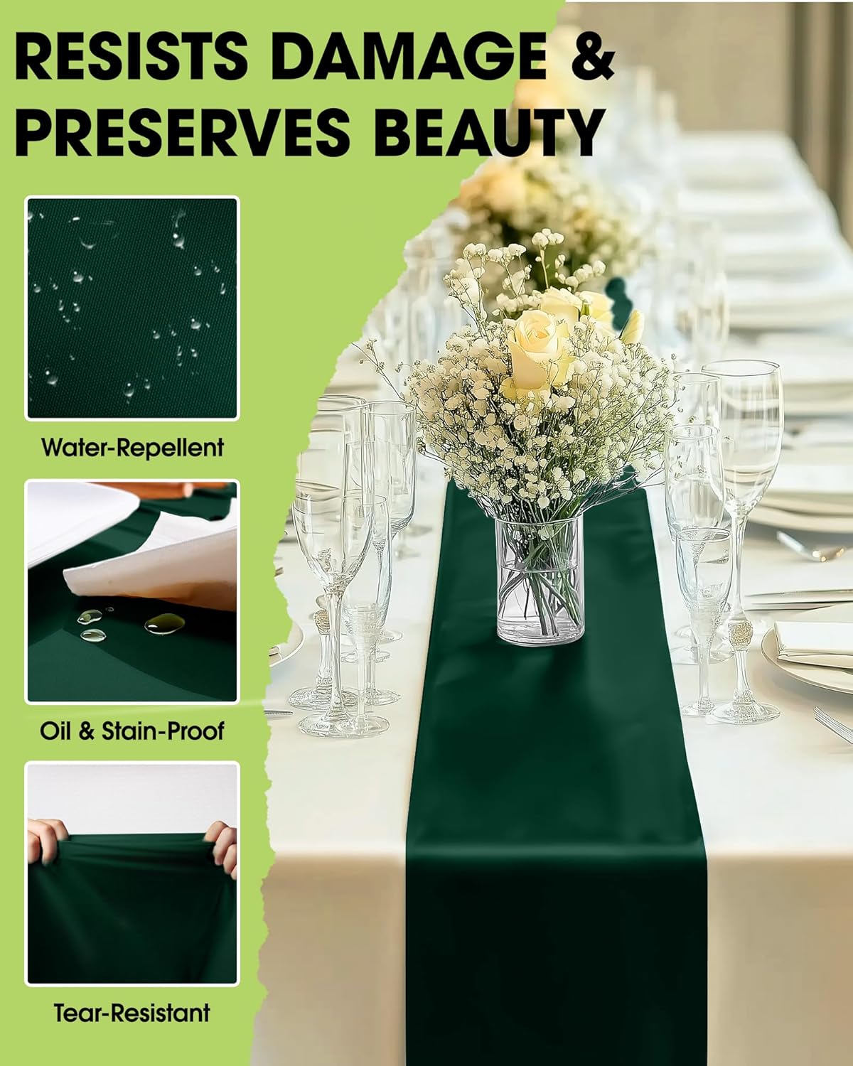 Pureegg Emerald Green Plastic Table Runners - 10 Pack, 14'' x 108'', Water Resistant & Disposable Centerpiece Decorations for Table Cloth, Wedding, Birthday, Holiday, Baby Shower, Party, Home Decor