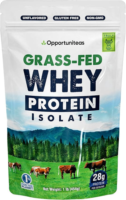 Opportuniteas Grass Fed Whey Isolate Protein Powder - Unflavored 28g Protein Powder Without Artificial Sweeteners, Hormone-Free Cows, Non GMO - 1lb