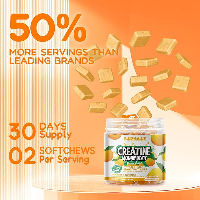 Creatine Monohydrate Chews Complex 6400mg for Men & Women -Advanced Formula W/L-Taurine + Vitamin B12, Sugar Free Chewable Supplement,60 Orange Softchews