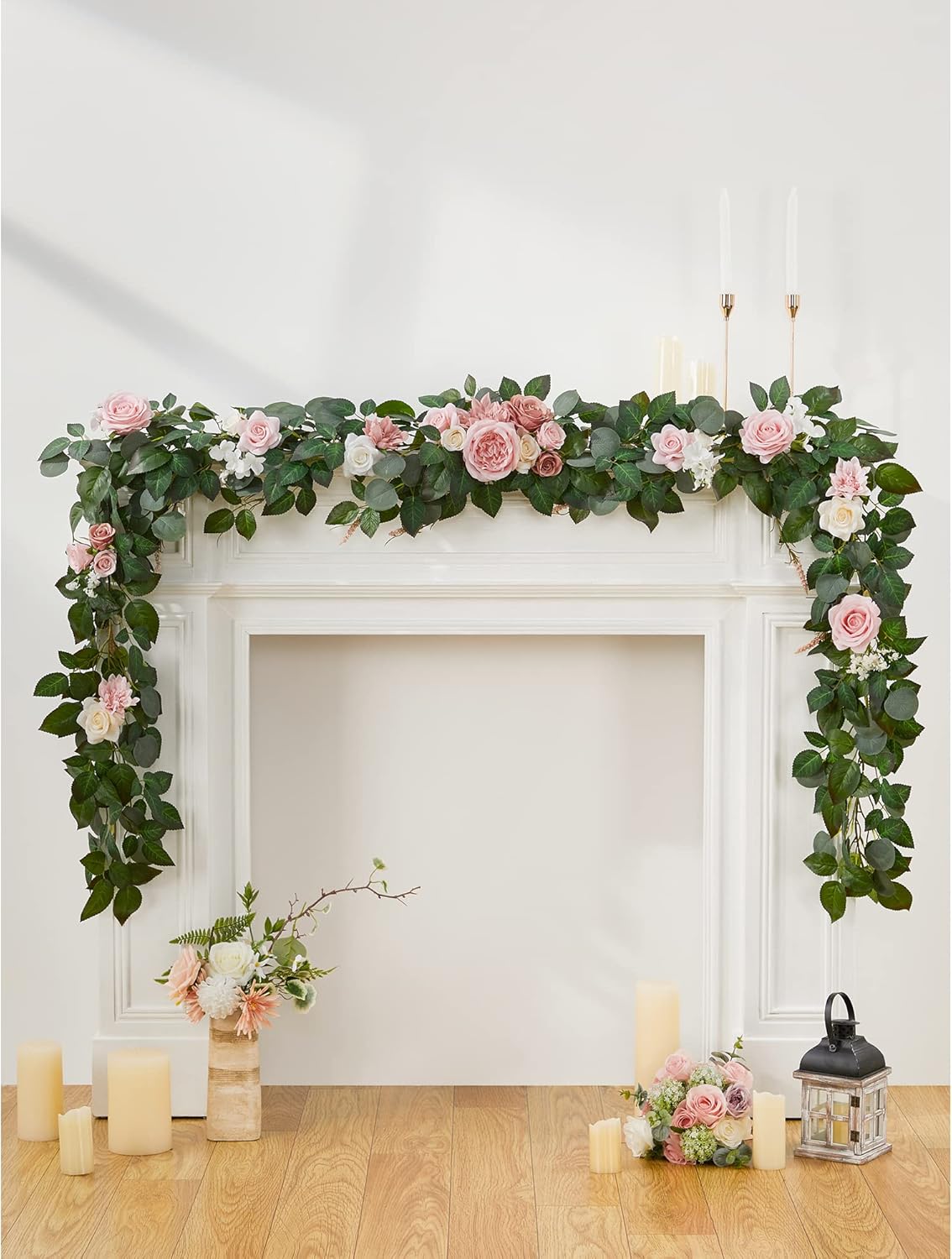9FT Eucalyptus Garland with Flowers, Artificial Flowers Garland Table Runner Decor Arch Backdrop Head Table Decorations for Wedding Sweetheart Table Centerpieces（Blush Pink）