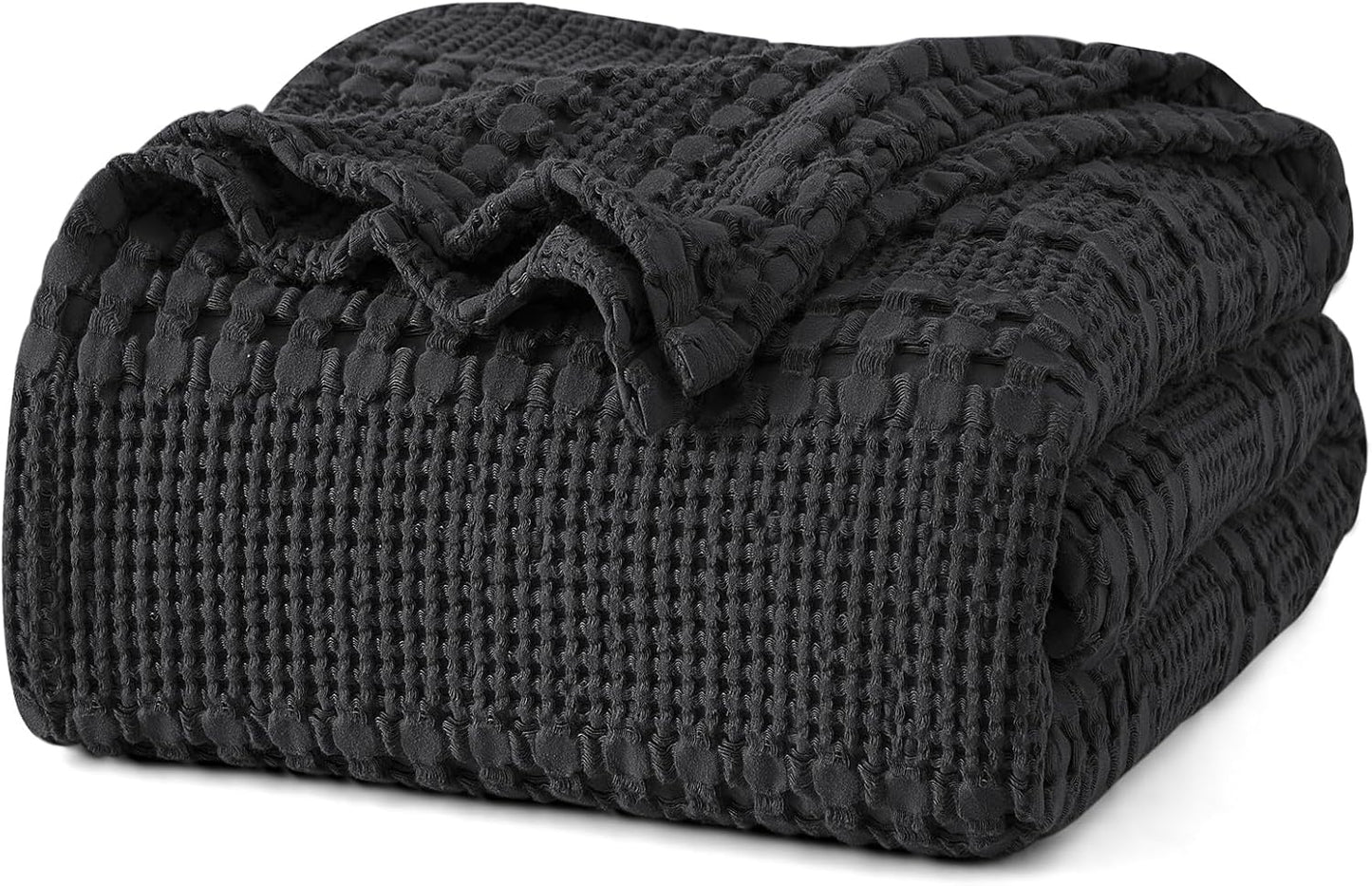 PHF 100% Cotton Waffle Weave Blanket Queen Size for Bed, Soft Lightweight & Breathable, All-Season Comfort, Luxury Aesthetic Woven Bedding for Home Decor, 90"x90", Black