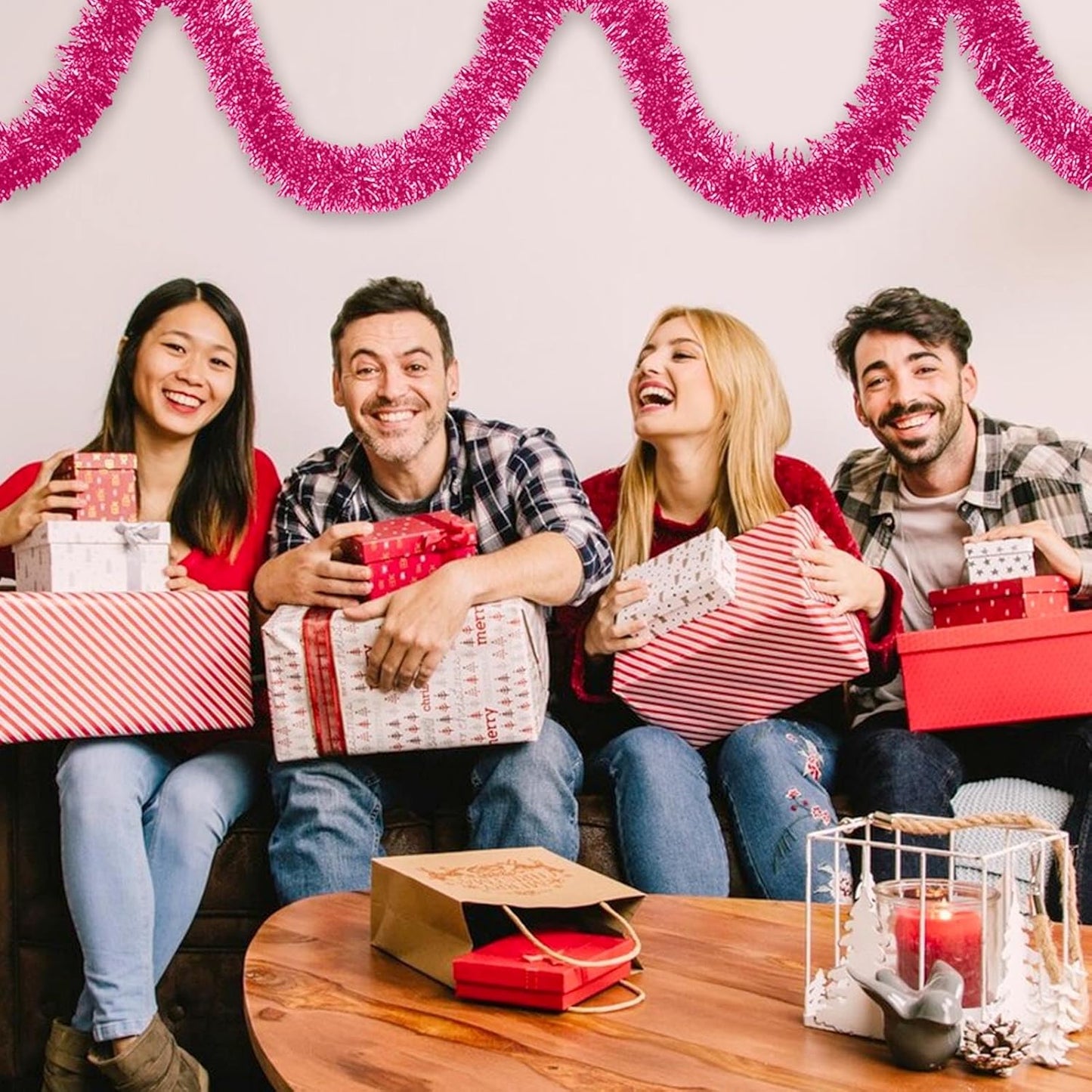 50 Feet Christmas Foil Fringe Banner Metallic Tassle Garland Metallic Backdrop Parade Floats Shiny Hanging Ceiling, Valentine's, Wedding, New Year Party Decorations(2" x 50', Pink)