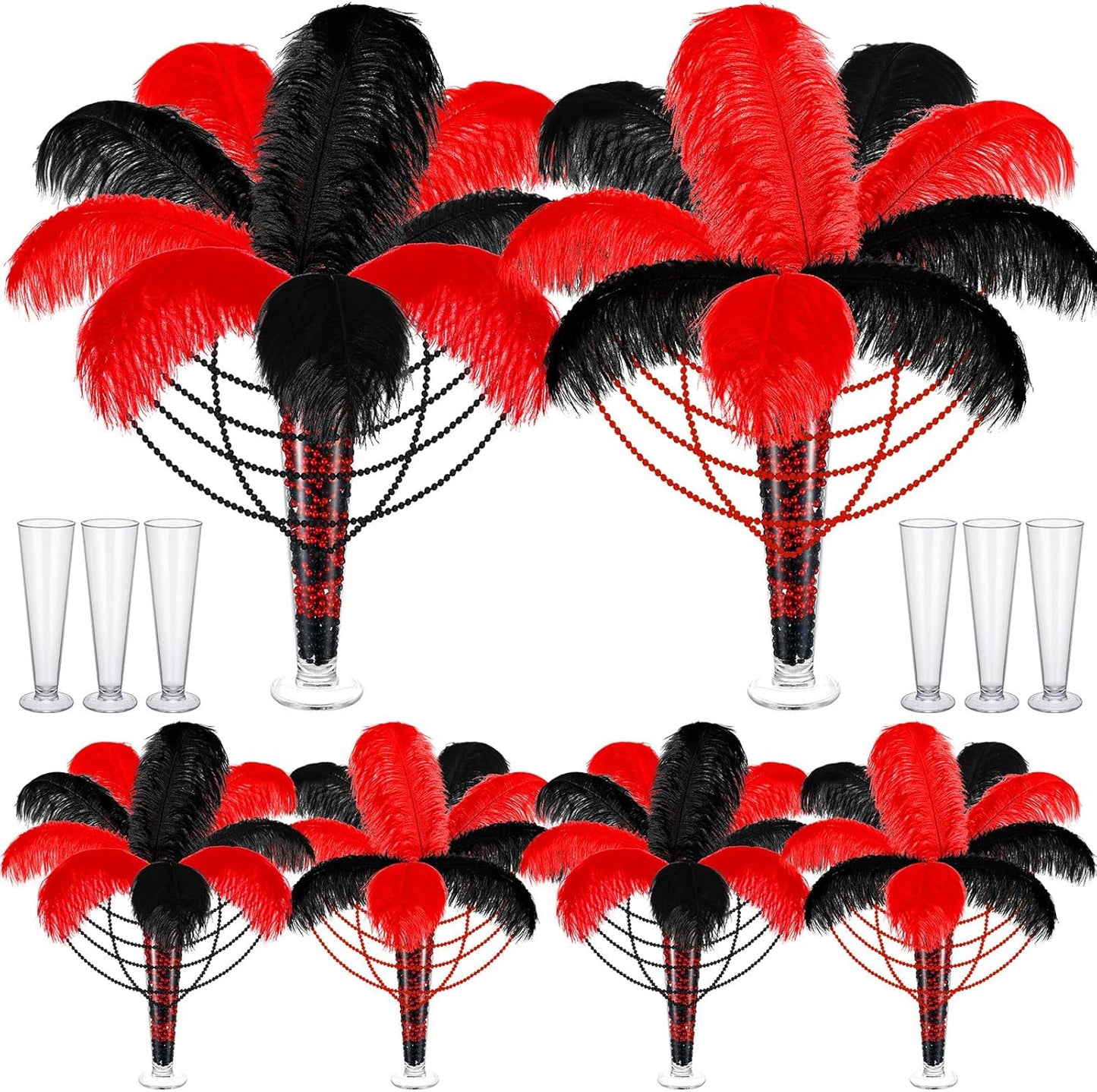 6 Sets Wedding Table Centerpiece Accessories Including 159 Pieces Natural Ostrich Feather Bulk Plastic Vases and Beads Necklaces for Wedding Home Party Centerpiece Supplies(Black, Red)
