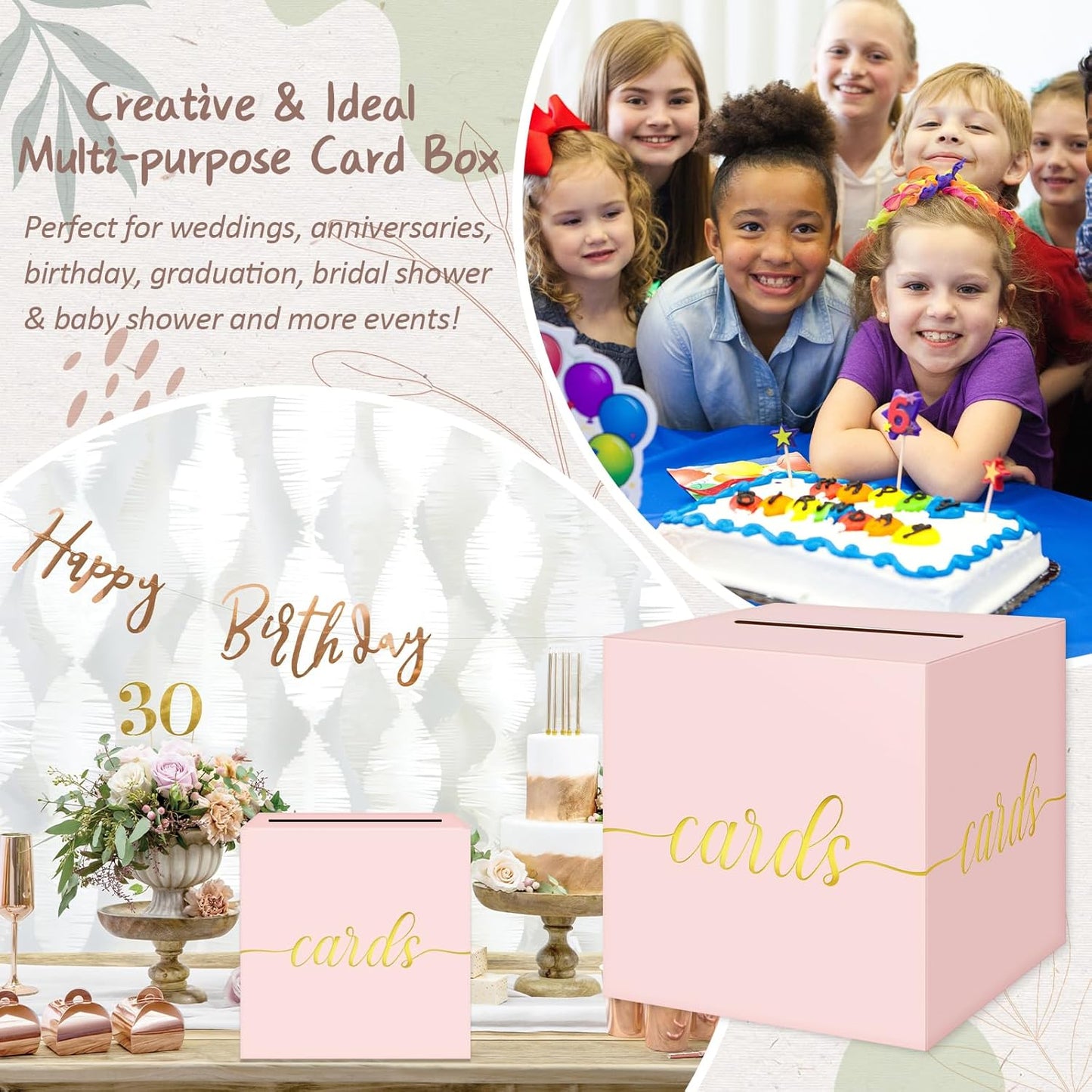 QIKSION Pink Wedding Card Box, Gold Foil Gift Card Box for Party, Wedding Reception, Graduation, Birthday, Baby Shower, Raffle