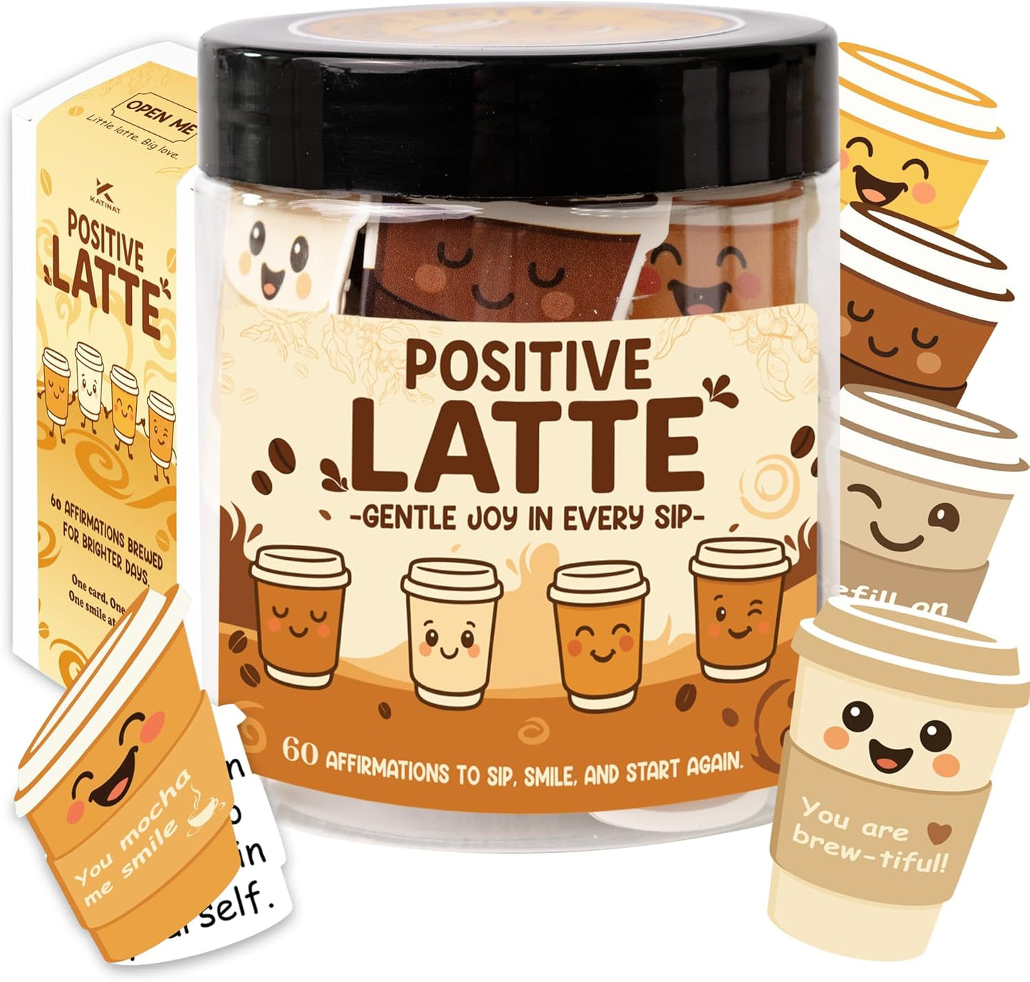 Positive Latte Affirmation Jar – 60pcs Cute Emotional Support Lattes – Coffee Gifts for Women, Men– Birthday Gift, White Elephant Gift for Coworker, Boss, Nurse, Teacher, Teens, Back to School Gifts