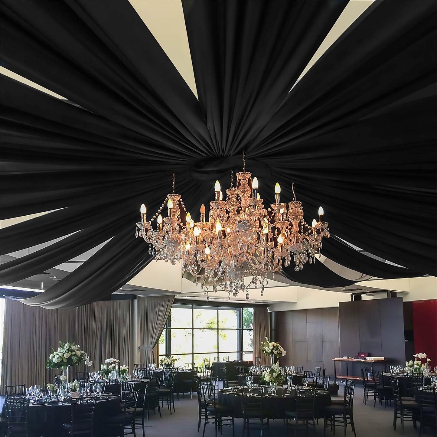 8 Panels Black Ceiling Drapes for Wedding 5ftx20ft Sheer Drapery Chiffon Fabric Arch Draping Curtains for Party Ceremony Birthday Baby Shower Reception Stage Ceiling Decorations