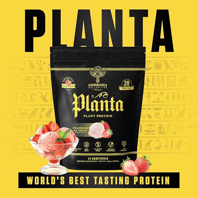 Ambrosia Planta - Premium Organic Plant-Based Protein | Vegan & Keto Friendly | Gourmet Flavors with No Bloating or Stomach Upset | No Added Sugar | 14 Servings | (Strawberry Ice Cream)