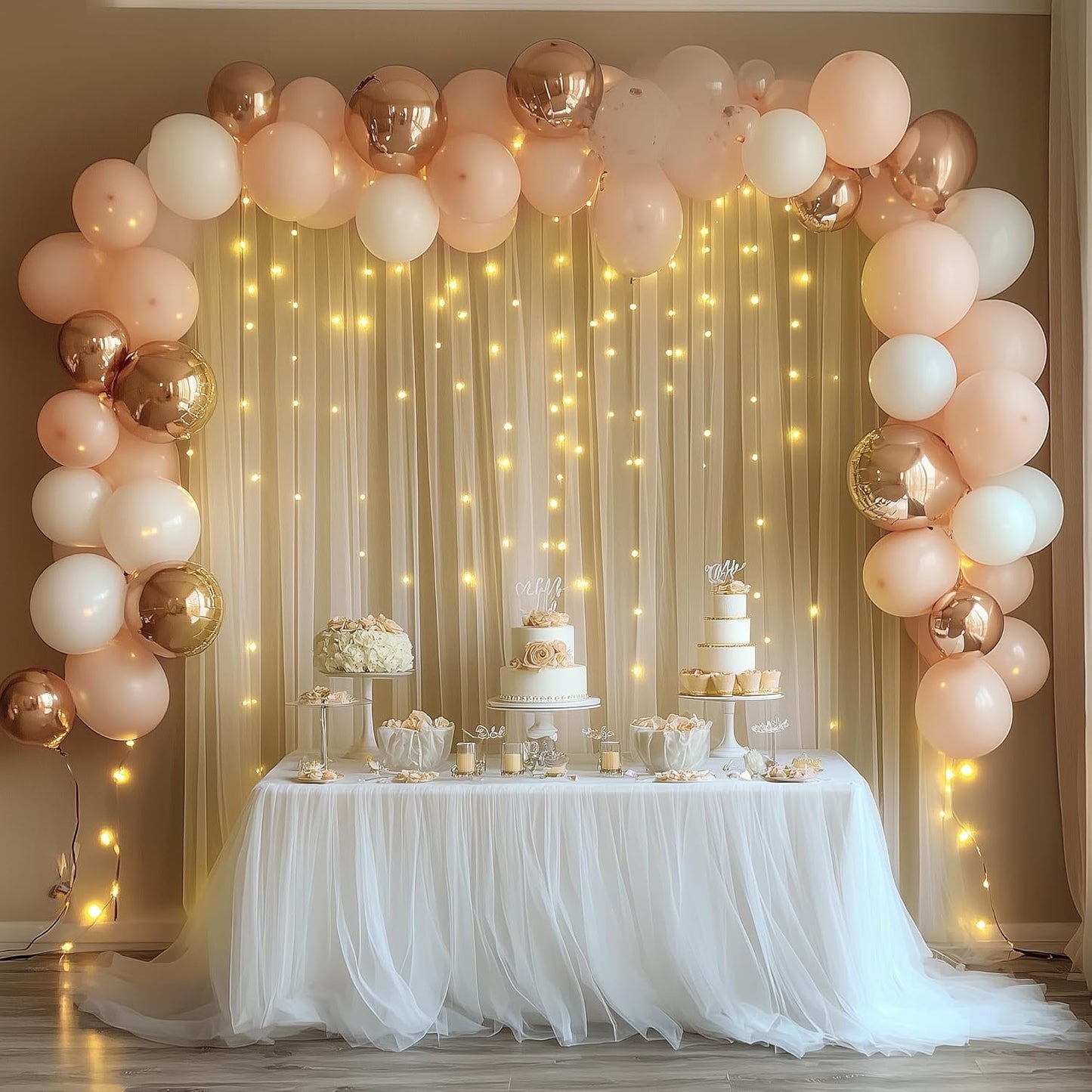 Tulle Backdrop Curtain with Lights String 20 X 10FT Champagne Sheer Tulle Backdrop Curtains for Wedding Birthday Party Reception Photo Booth Background Decorations (4 Panels 5x10FT)