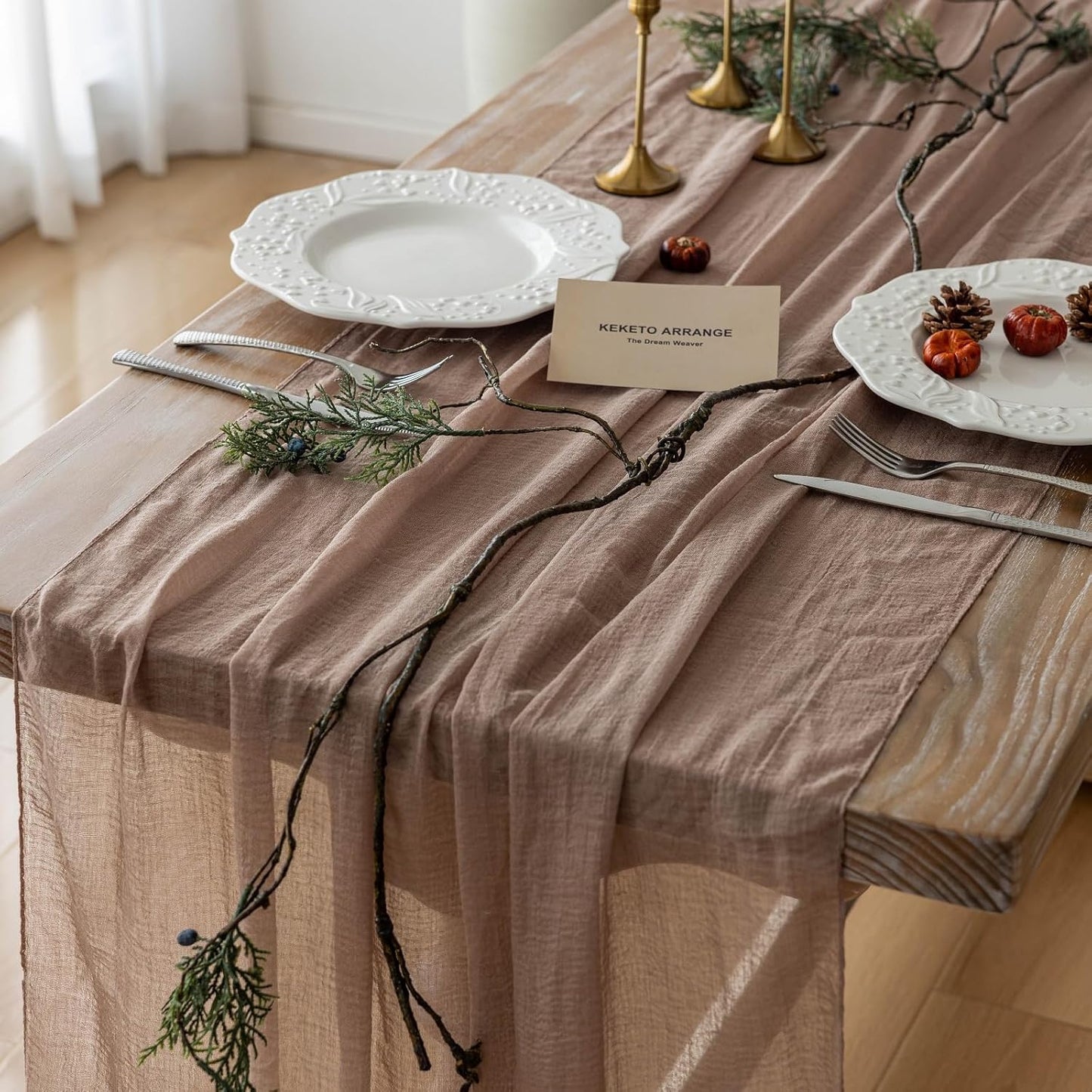 3pcs Nude Gauze Rustic Cheesecloth Table Runner 120 Inch 10 FT for Wedding Baby Shower Bridal Shower Birthday Engagement Garden Outdoor Party Long Sheer Boho Decorations