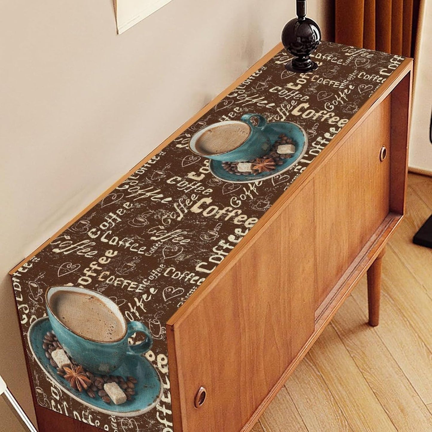 Coffee Theme Table Runner, Farmhouse Retro Brown Coffee Cup Tea Party Rustic Cafe Table Center Decor for Home Kitchen Dining Patio Holiday Party Indoor Outdoor Table Decorations,13"x90" Inch