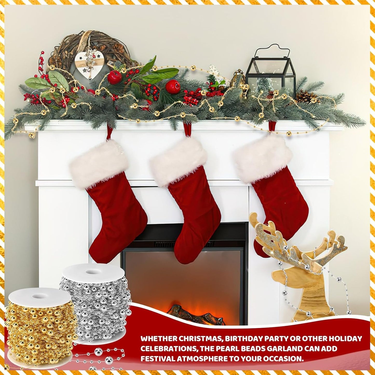 JULBEAR Beads Garland Decoration, 1Rolls 131Feet Silver Christmas Pearl Strands Chain Bead Garland for Christmas Tree Fireplace Wreath Gift Bouquet Crafts Wrapping Party Centerpieces Decoration