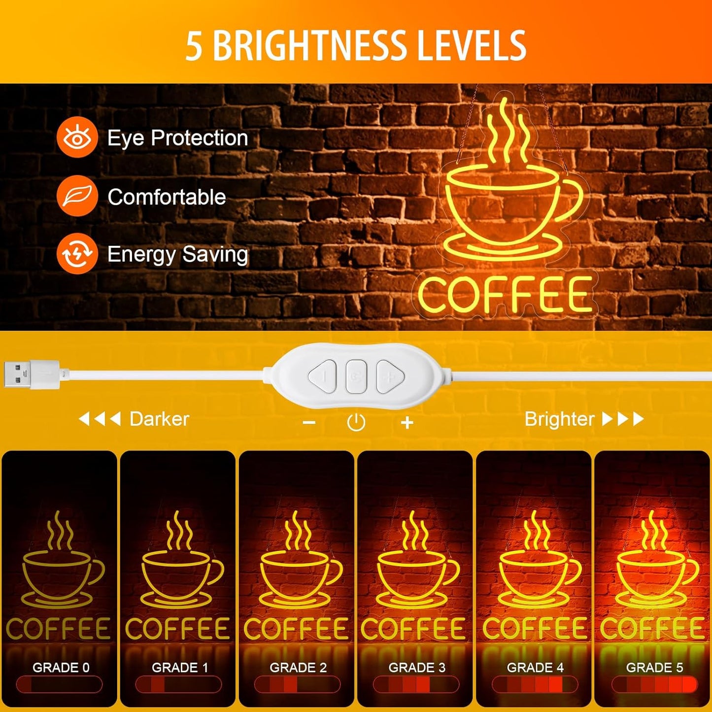 Coffee Neon Sign for Wall Decor, Dimmable USB Powered Bright Led Signs for Business Acrylic LED Neon Coffee Light up Sign for Shop Station Art Decor Party Decorations (15.7 * 12.8inches)