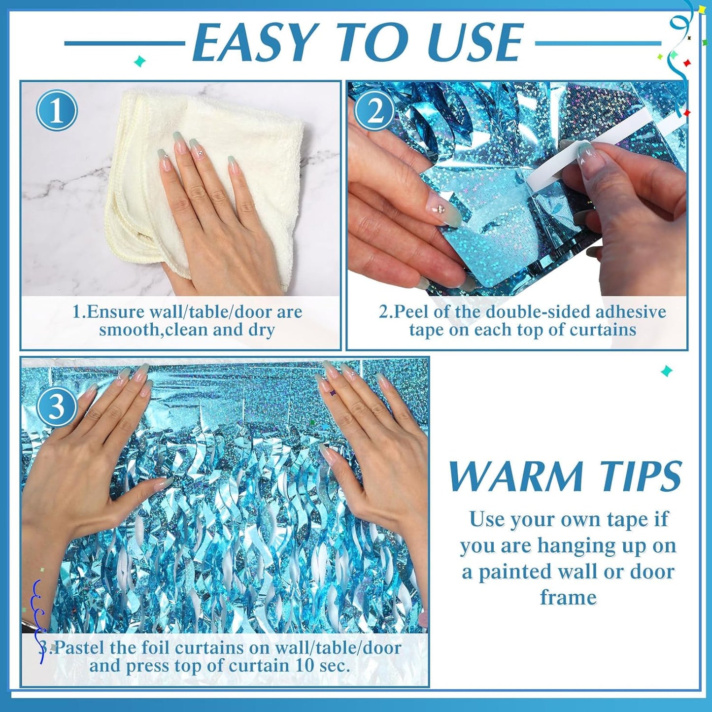 10 Pieces 3.3 x 6.6 Ft Foil Fringe Backdrop Party Wavy Tinsel Fringe Curtain Streamer for Happy New Year Carnival Party Favor 80s 90s Disco Ocean Sea Mermaid Birthday Wedding(Blue)