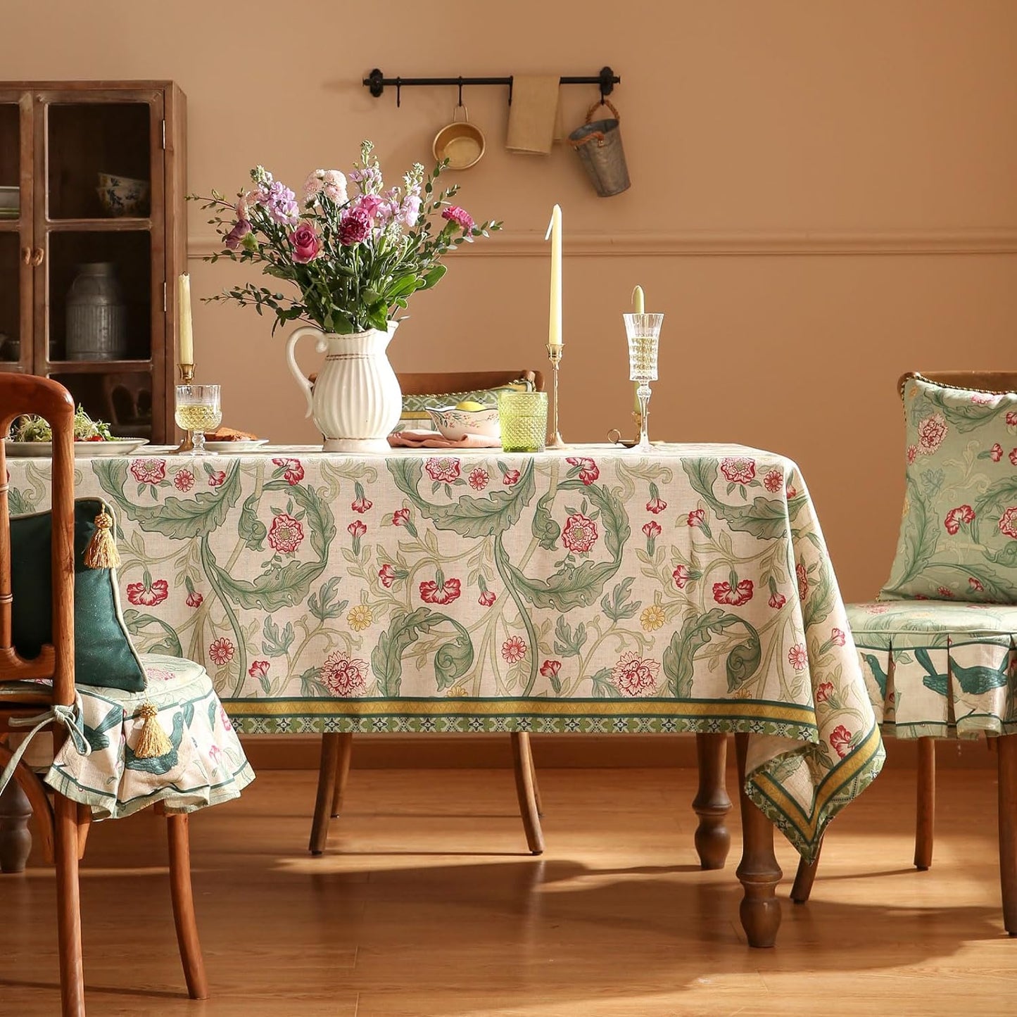 patdrea Designer Green Long Table Cloth for Rectangle Table,Vintage Linen Leaves Pattern Tablecloth,Floral Decor Cover for Kitchen Dining Christmas,Tea Party,Thanksgiving,63"x94"-Cecilia a