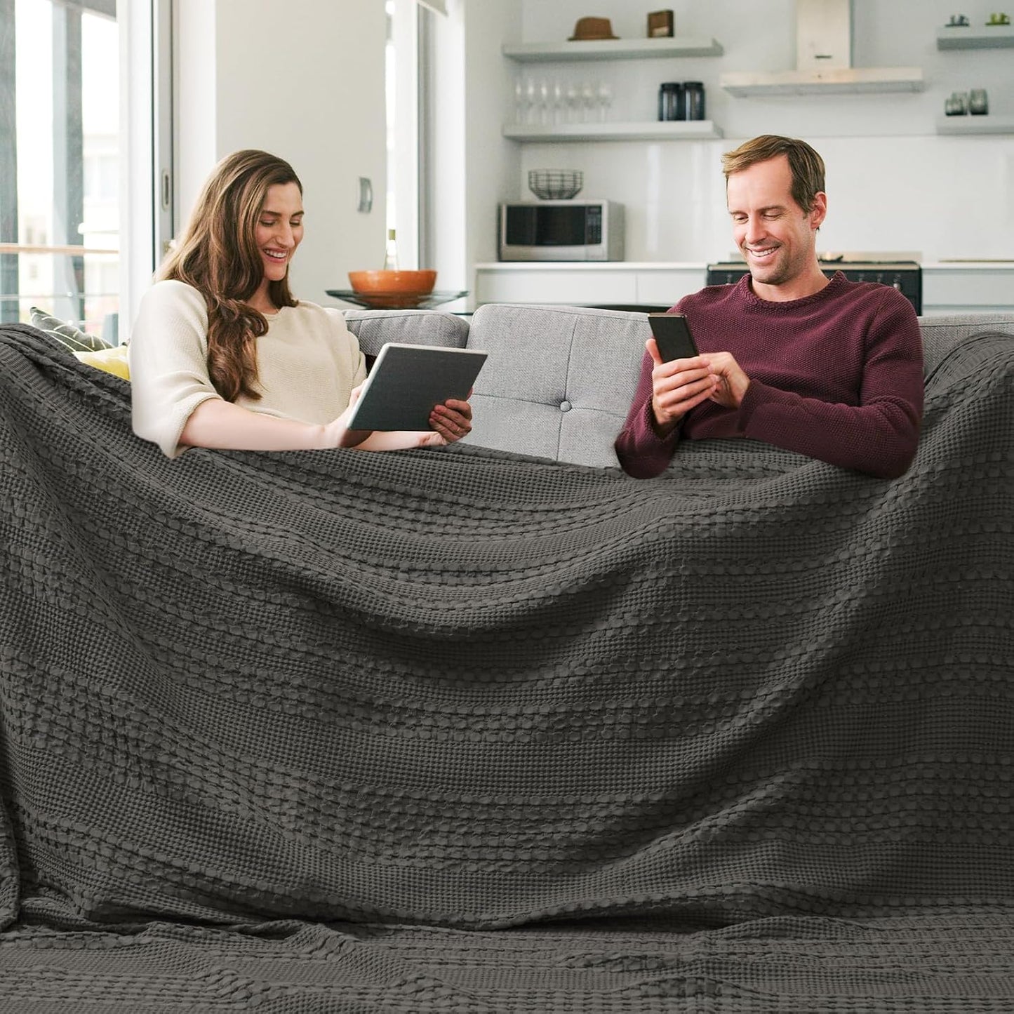 PHF 100% Cotton Waffle Blanket Oversized King 120"x120", Lightweight Breathable Extra Large 10'x10' Blankets for Bed, Giant Big Luxury Aesthetic Woven Bedding for Home Decor, Charcoal Grey
