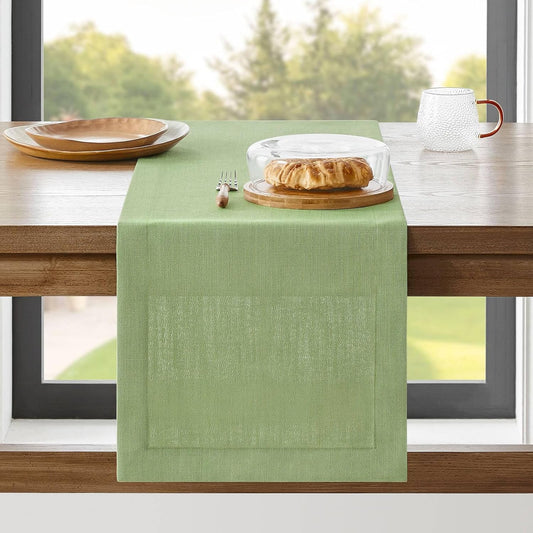 ZeeMart Linen Textured Border Table Runner, 14 x 48 Inch Green, Farmhouse Style Sage Green Table Runners 48 Inches Long, Easy Care Everyday Polyester Table Runner