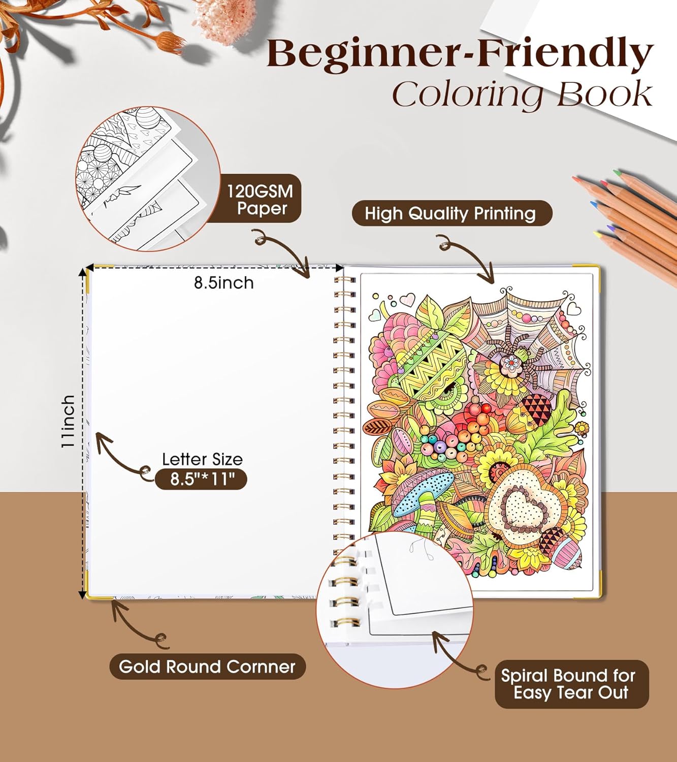 Adult Coloring Book for Women-Hardcover Spiral Bound Coloring Books for Adults Relaxation 8.5 * 11, 30 Flowers & Mandalas Pattern, Anxiety, Stress Relief & Relaxation Gifts for Women, 120GSM Paper