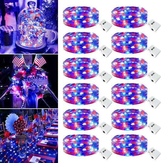 4th of July Decorations - 12 Pack Red White Blue Fairy Lights Battery Operated, 7ft 20 Led Twinkle Lights 3 Modes, Waterproof Bulk Mini String Light for Independence Day Patriotism Decorations