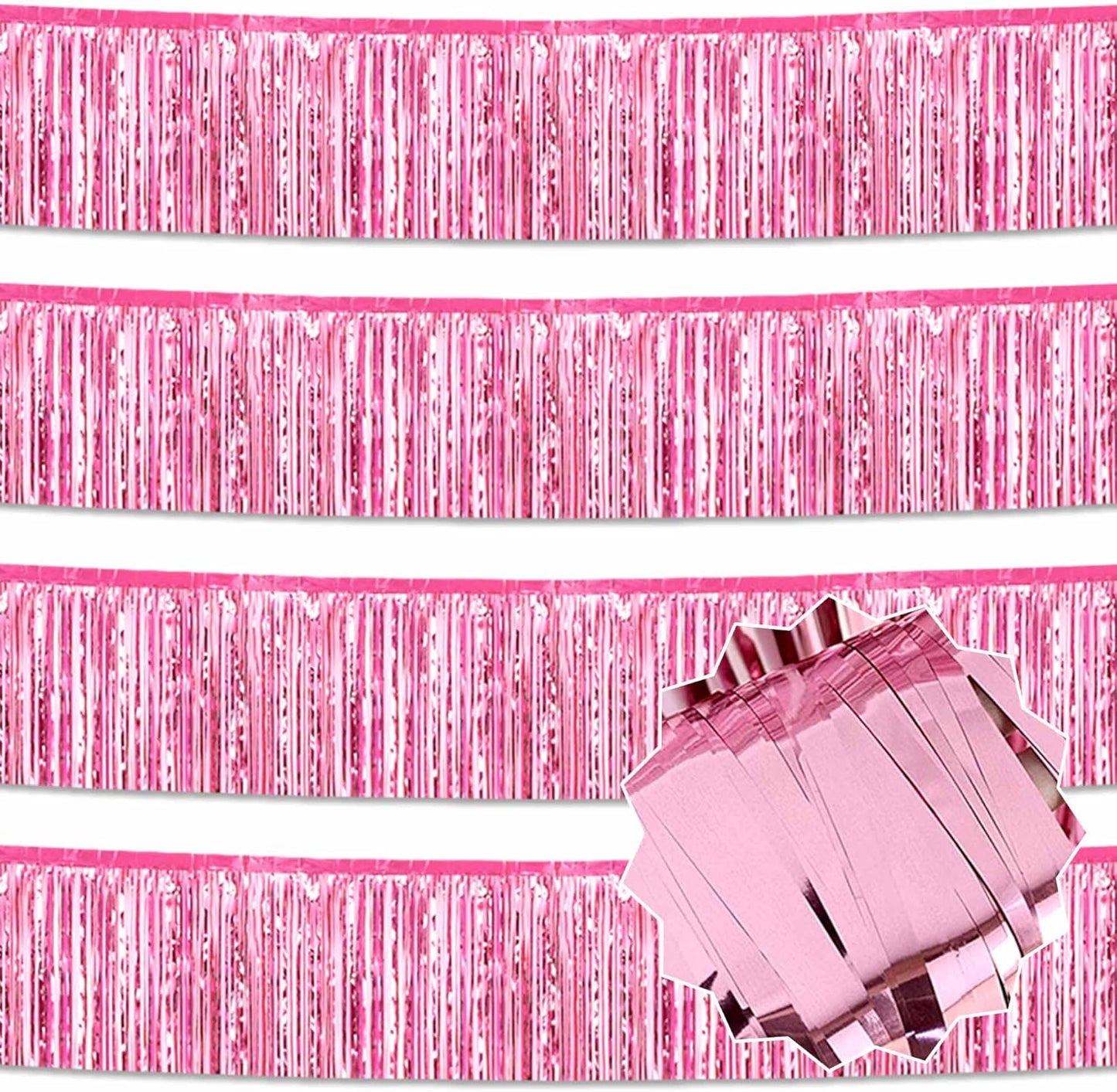 4 Pack 10 Ft Pink Foil Fringe Garland Metallic Streamers Tinsel Banner Wall Hanging Garland Backdrop for Parade Floats, Halloween, Christmas, Thanksgiving, New Year Party Decorations
