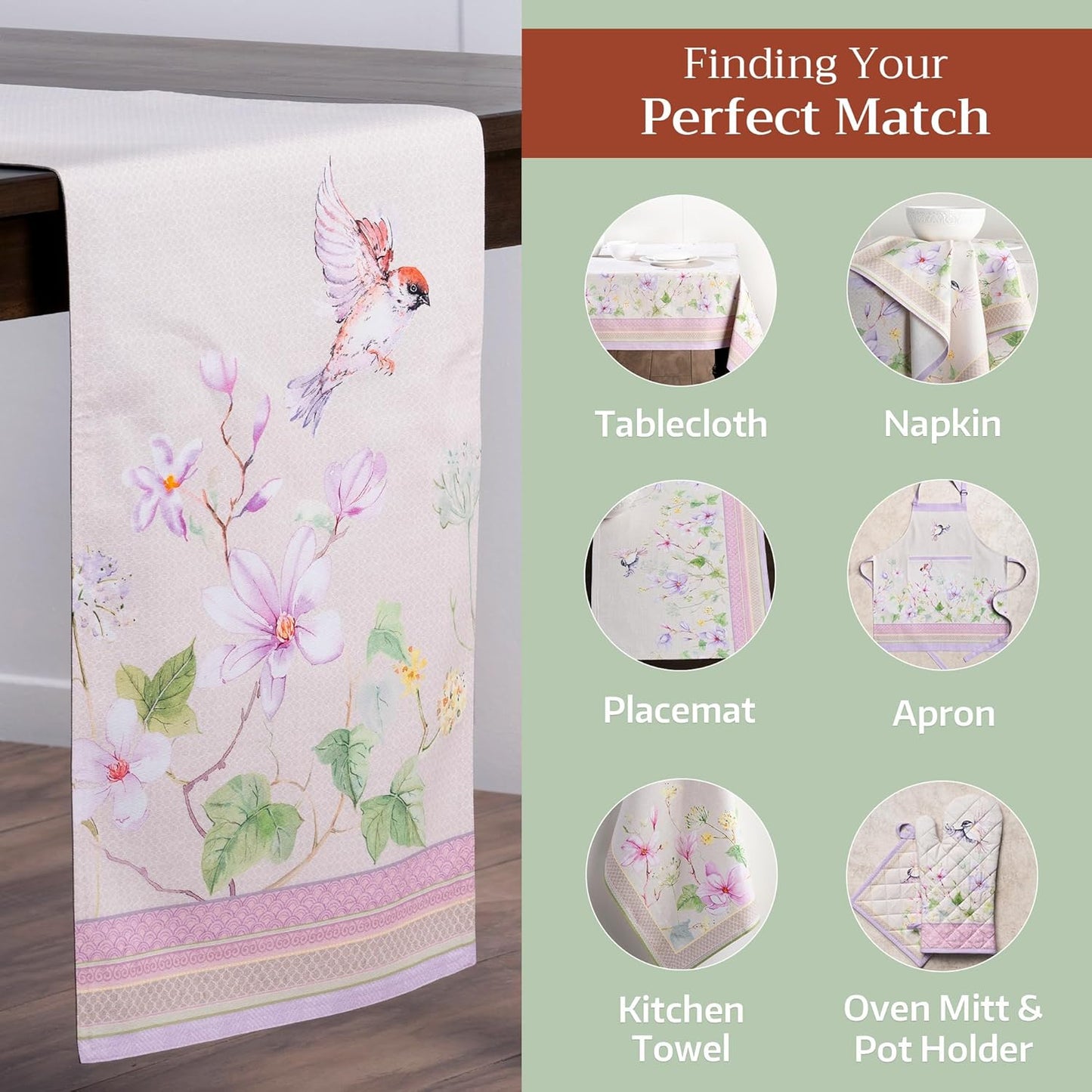 Maison d' Hermine Table Runner 100% Cotton Double Layer Table Runners 108 inches Long Decorative for Home Kitchen Dining Party Wedding Bridal Shower Spring Summer (Magnolia Mornings, 14.50" x 108")