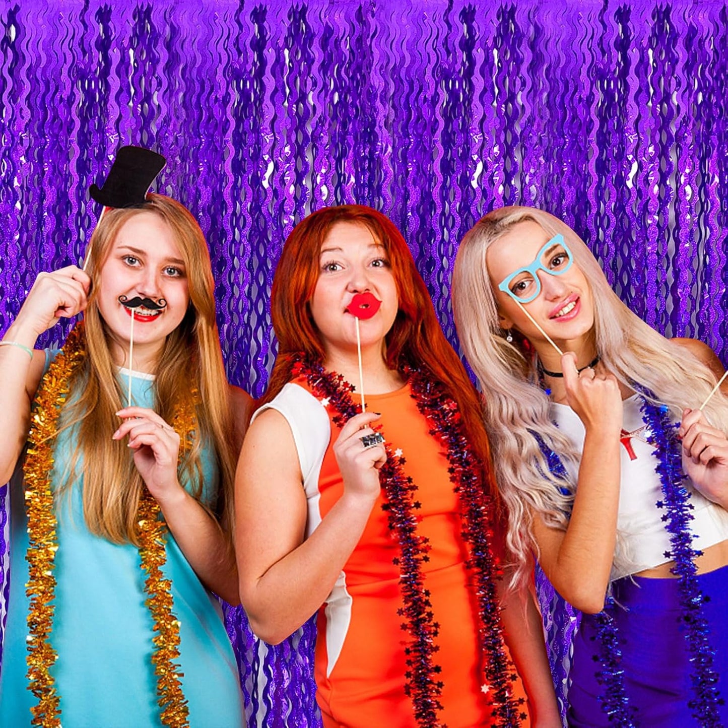 2 Pack Purple Backdrop Tinsel Foil Fringe Curtains Sparkle Metallic Wavy Foil Fringe Backdrop Curtain Photo Booth Props for Halloween Party Decorations Birthday Graduation Bachelorette