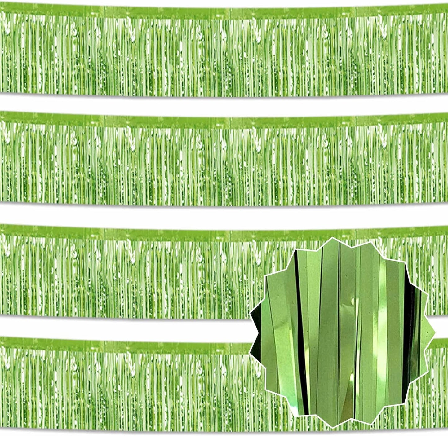 4 Pack 10 Ft Light Green Foil Fringe Garland Metallic Streamers Tinsel Banner Wall Hanging Garland Backdrop for Parade Floats, Halloween, Christmas, Thanksgiving, New Year Party Decorations